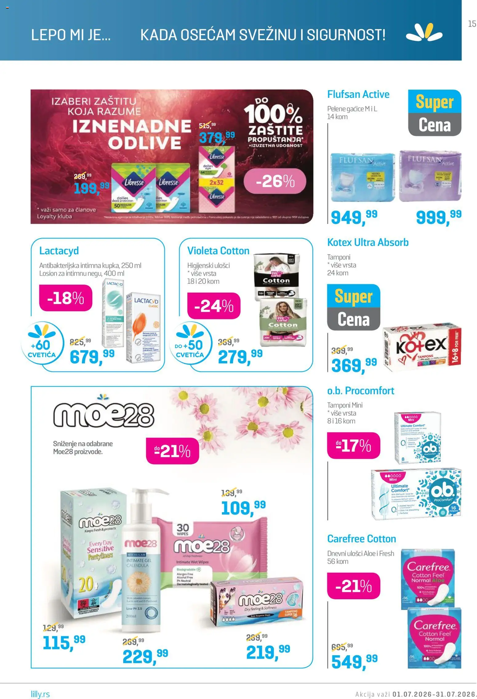Lilly drogerie katalog - važi od 01.07.2026 | Strana: 15 | Proizvode: Higijenski ulošci, Gaćice, Pelene
