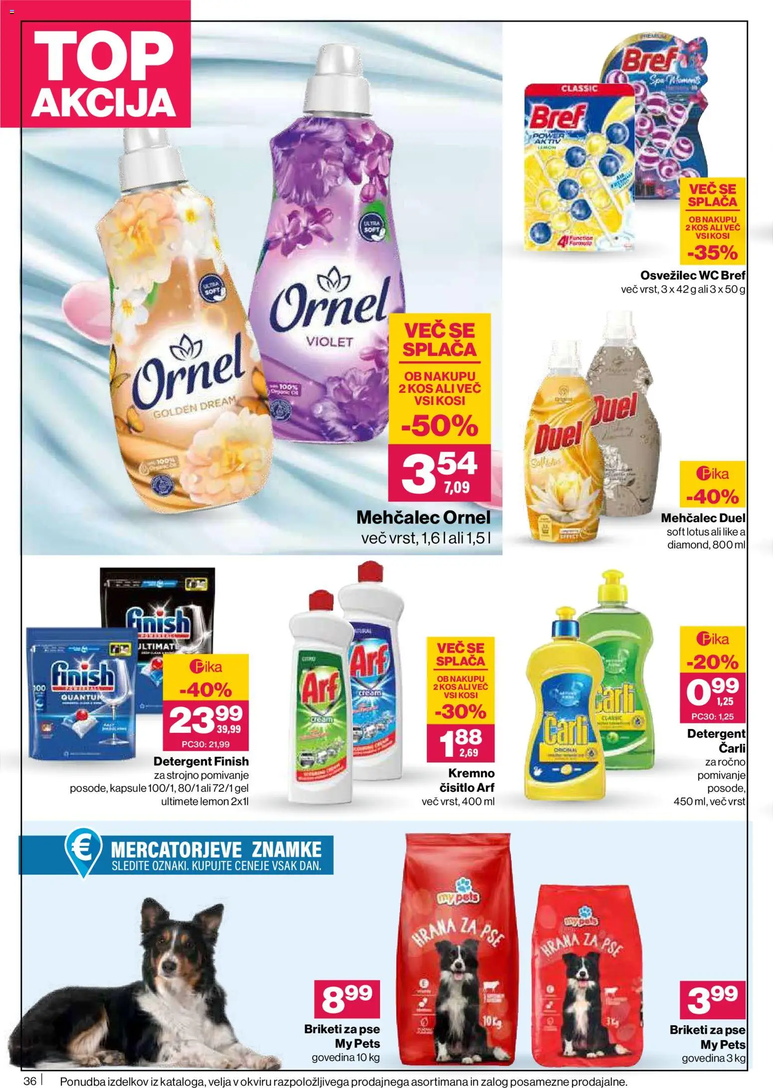Novi Mercator katalog ponudbe – veljaven od 28.05.2026 | Stran: 36 | Izdelki: Hrana za pse, Mehčalec, Kos, Detergent