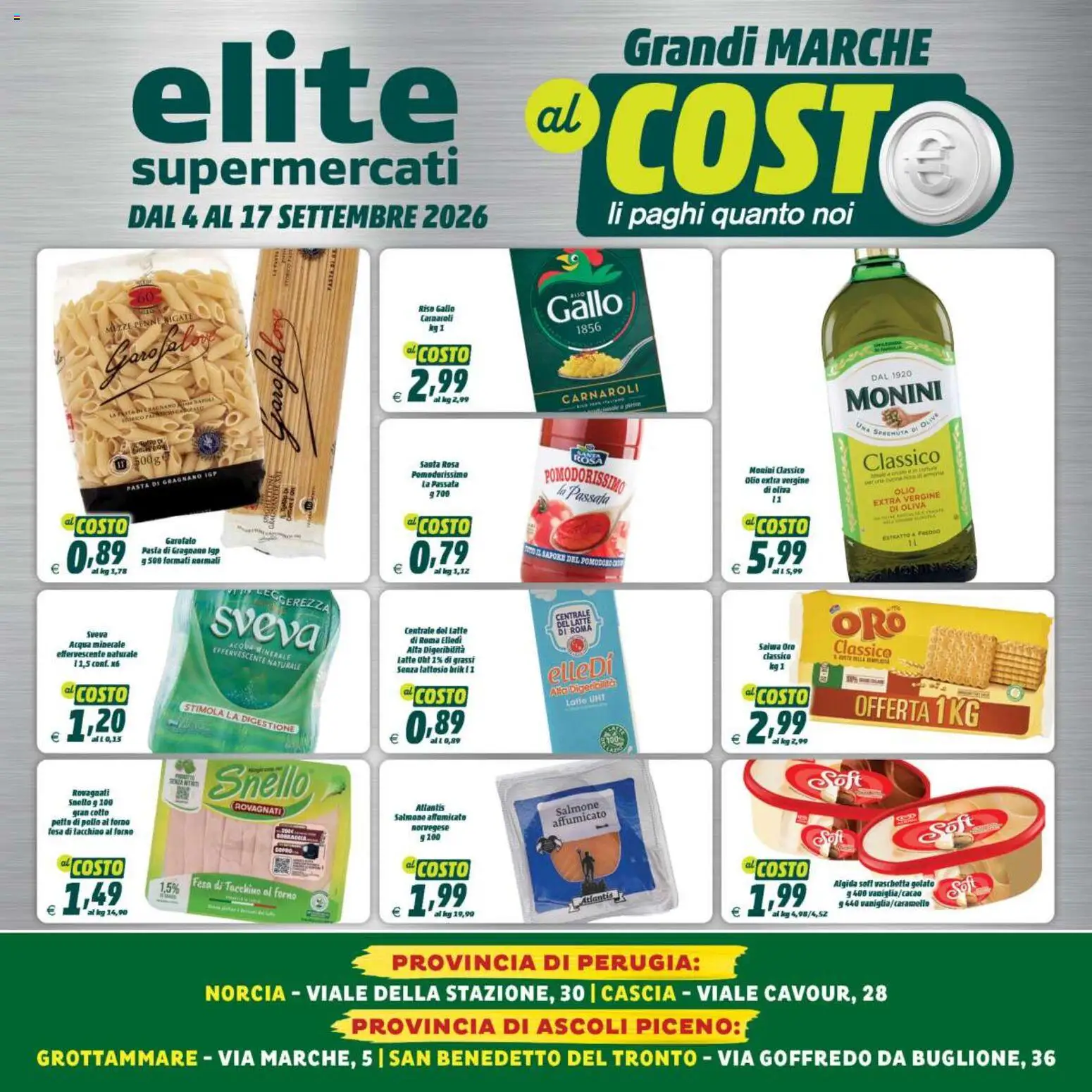 Volantino Elite Supermercati del 04/09/2026 | Pagina: 1 | Prodotti: Petto di Pollo, Pollo, Salmone, Pasta