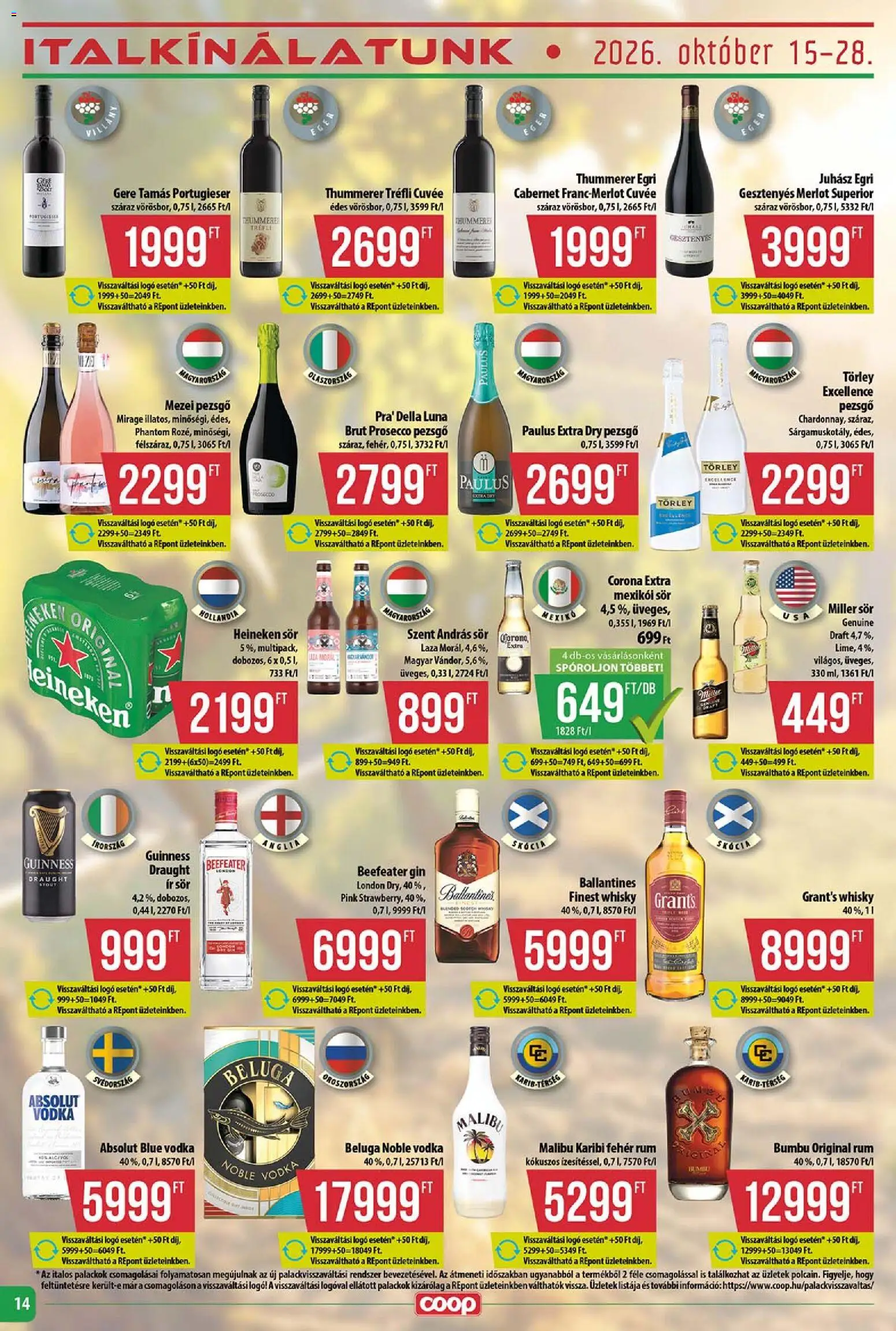 COOP akciós ujság - amely érvényes a következő dátumtól: 2026.10.15. | Oldal: 14 | Termékek: Cabernet, Fehér rum, Heineken, Corona Extra