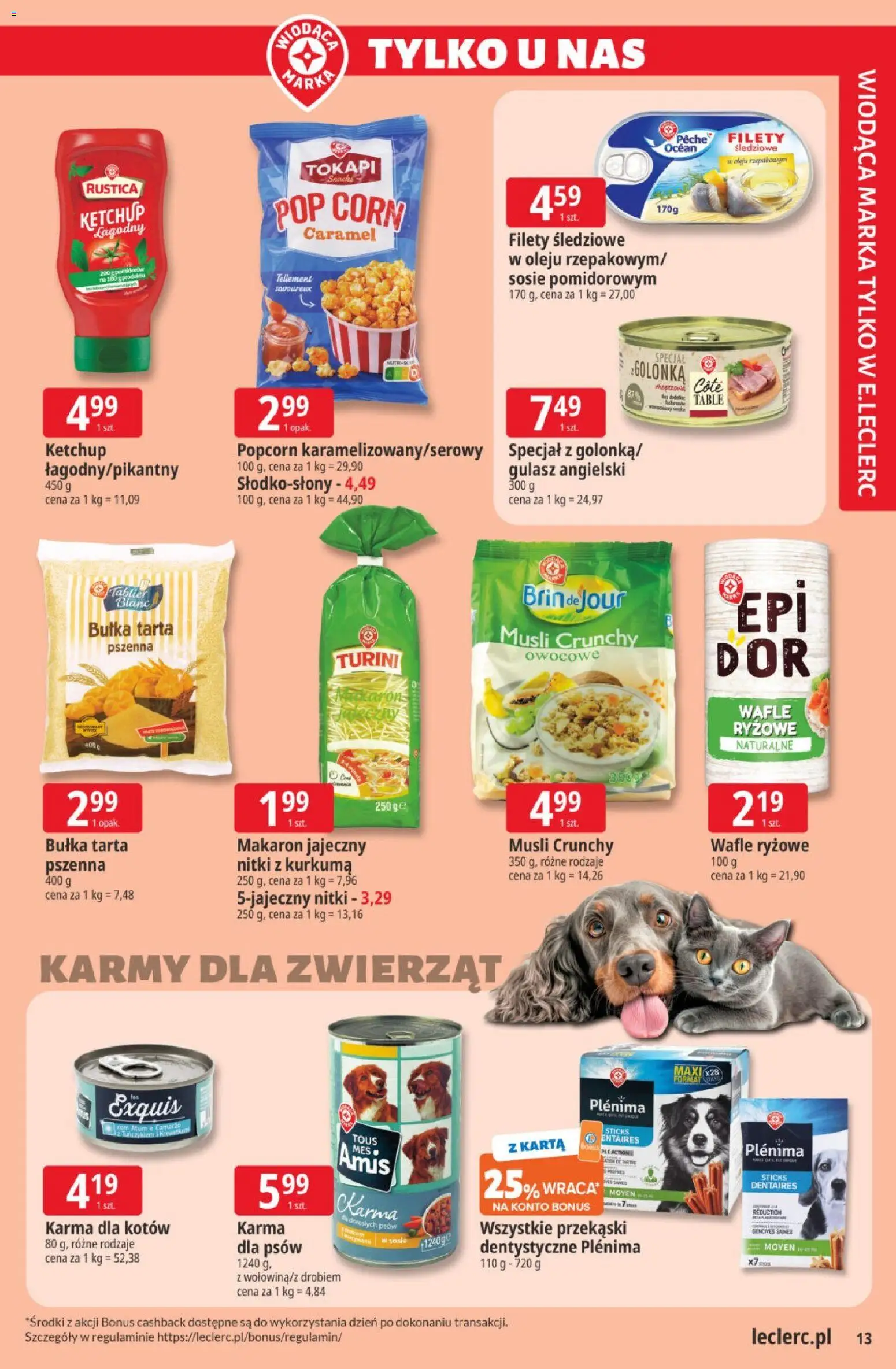 E.Leclerc gazetka od 14.07.2026 | Strona: 13 | Produkty: Bułka tarta, Karma dla kotów, Popcorn, Gulasz
