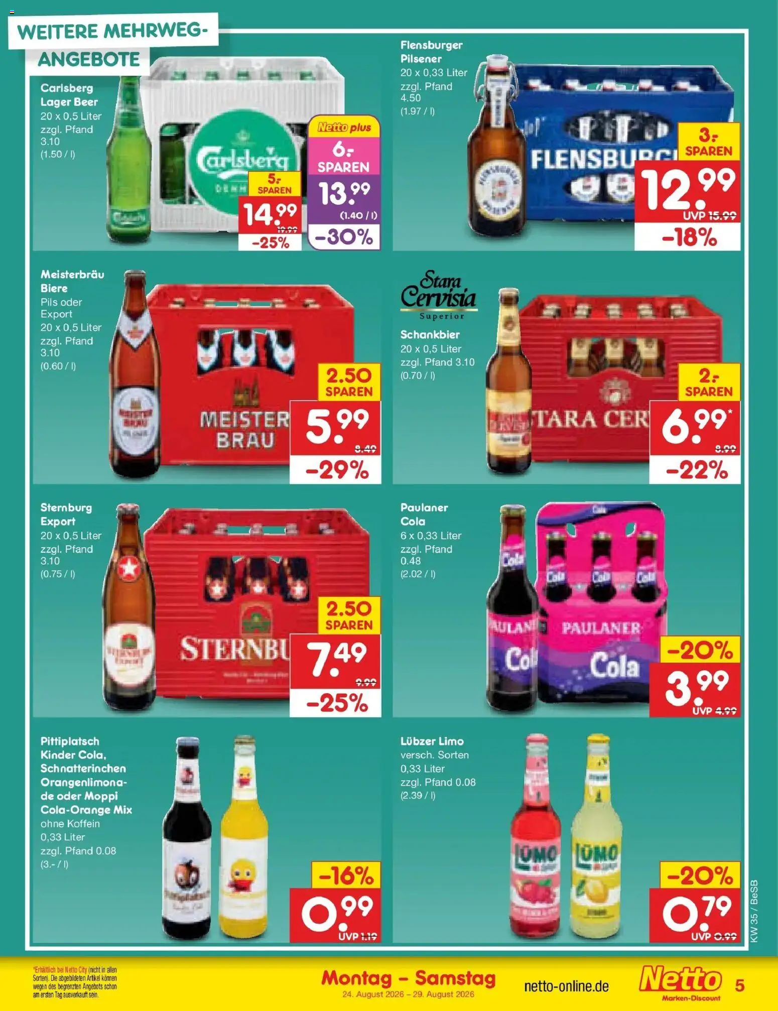Netto Marken-Discount Prospekt Berlin-Prenzlauer Berg – gültig ab 24.08.2026 | Seite: 5 | Produkte: Carlsberg, Cola, Pils, Paulaner