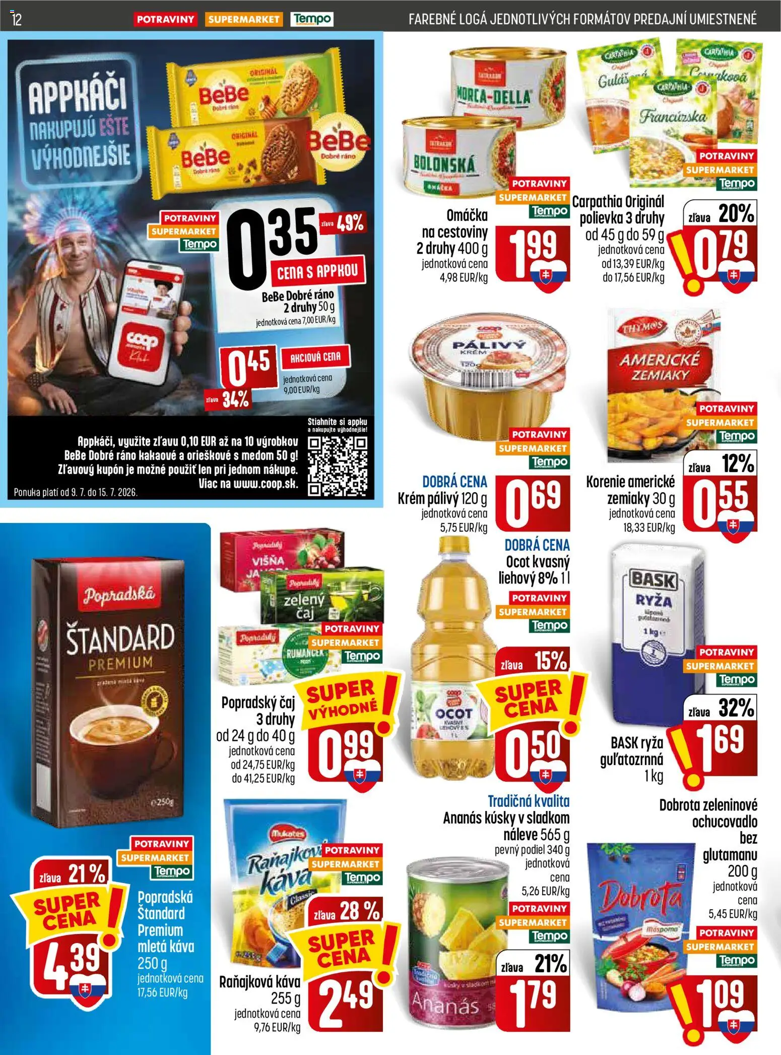 Nové COOP Jednota akcie – leták je platný od 09.07.2026 | Strana: 12 | Produkty: BeBe Dobré ráno, Ryža, Čaj, Cestoviny