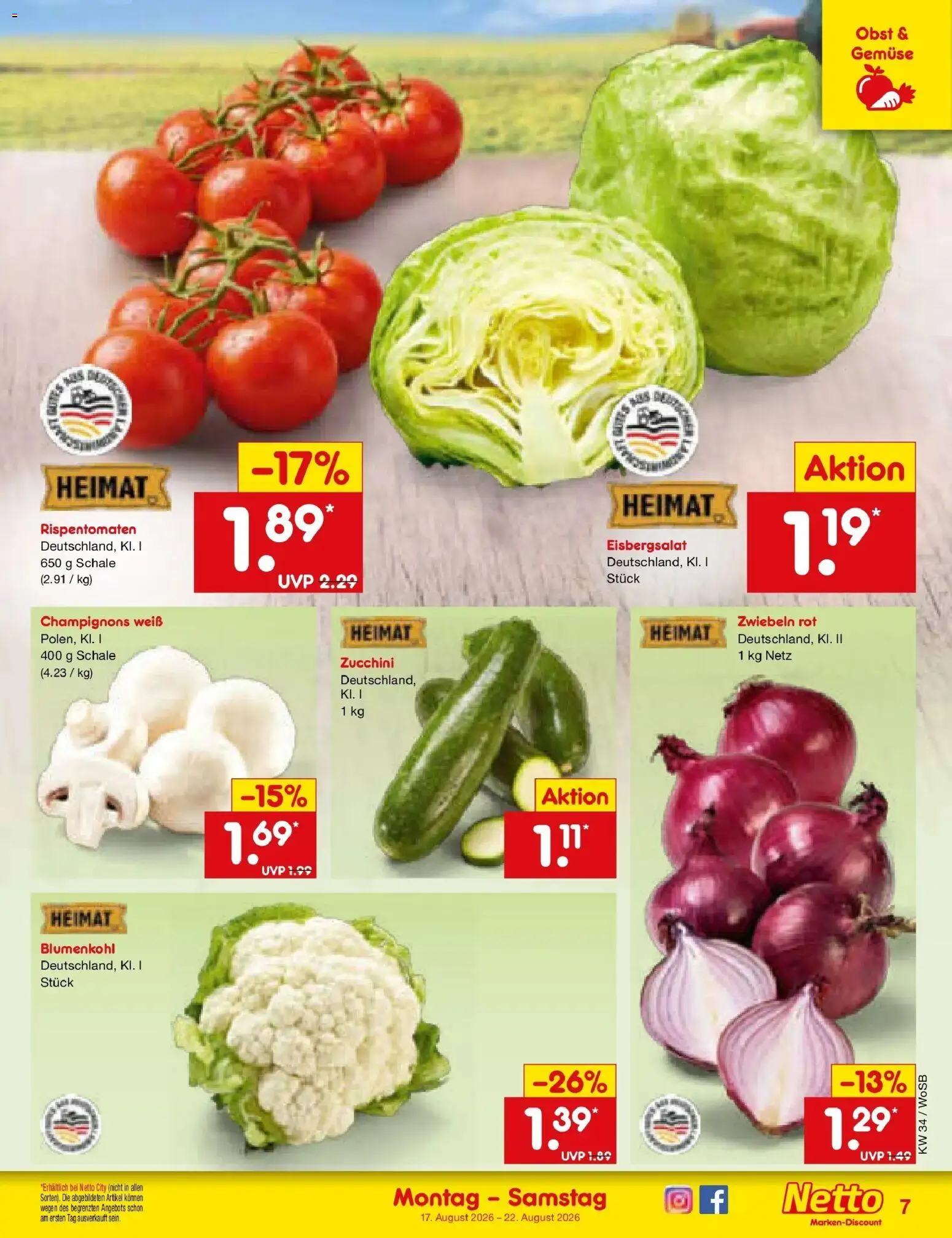 Netto Marken-Discount Prospekt Mannheim – gültig ab 17.08.2026 | Seite: 9 | Produkte: Eisbergsalat, Zwiebeln, Gemüse, Obst