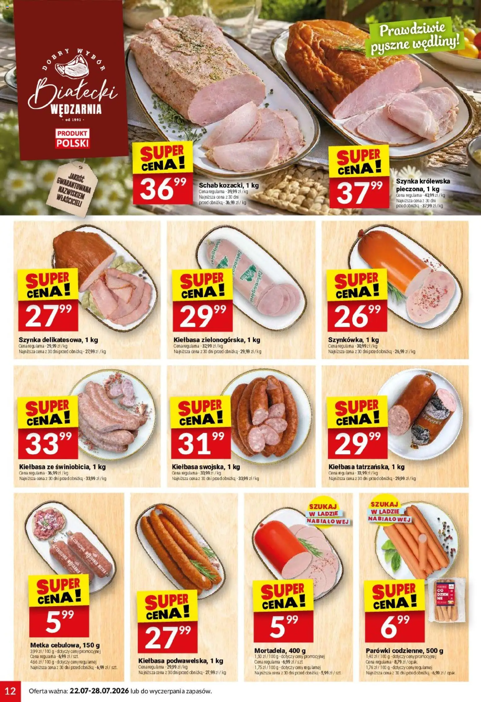 Twój Market gazetka od 22.07.2026 | Strona: 12 | Produkty: Kiełbasa, Schab, Parówki, Wędliny