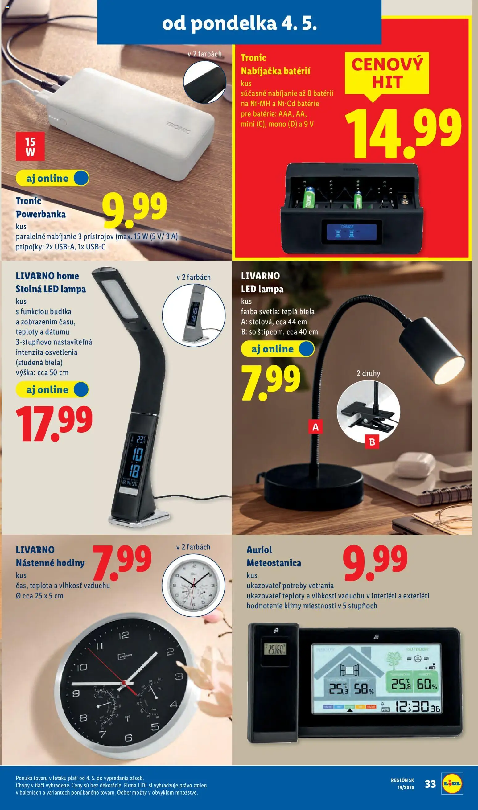 Nové Lidl akcie – leták je platný od 04.05.2026 | Strana: 49 | Produkty: Lampa, Led lampa, Nástenne hodiny, Hodiny