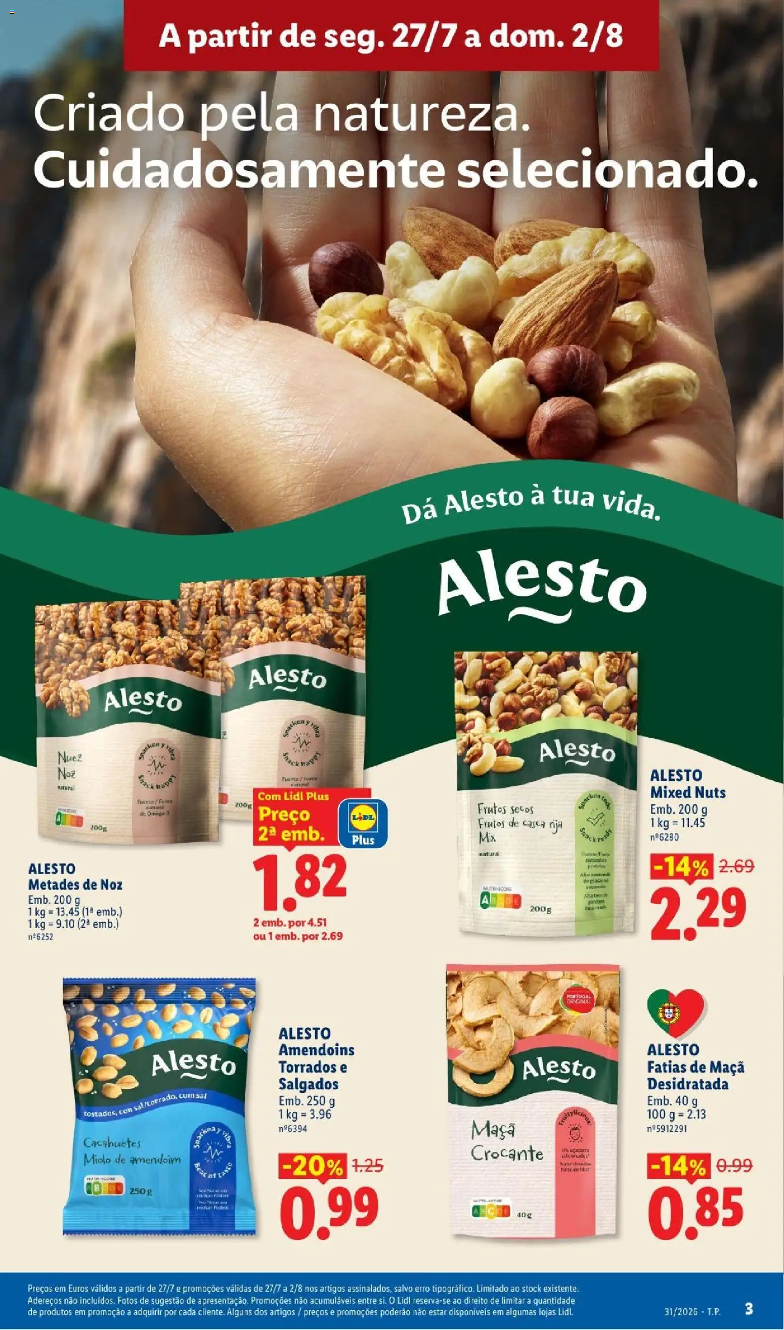 Lidl folheto │ válido de 27/07/2026 | Página: 3 | Produtos: Amendoins, Ômega 3, Sal, Maça