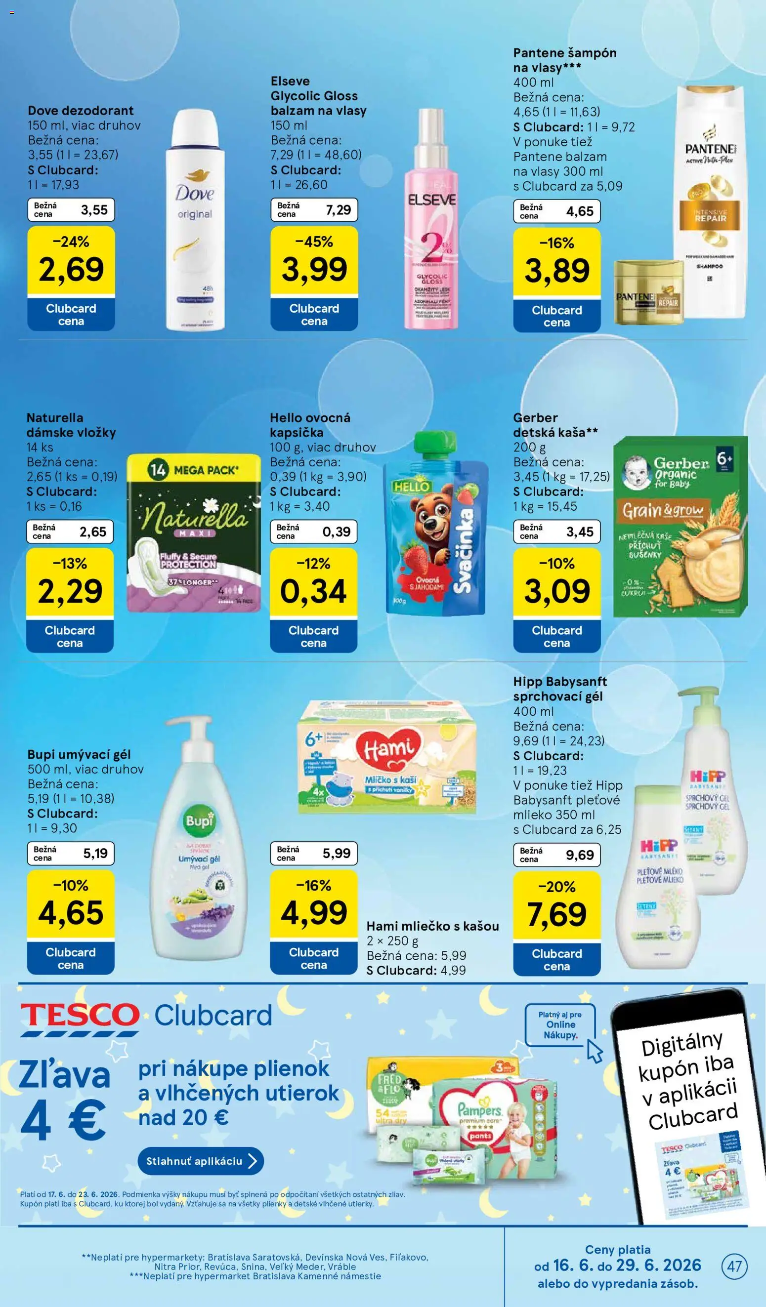 Nové Tesco akcie – leták je platný od 17.06.2026 | Strana: 47 | Produkty: Mlieko, Šampón, Sprchový gél, Plienky