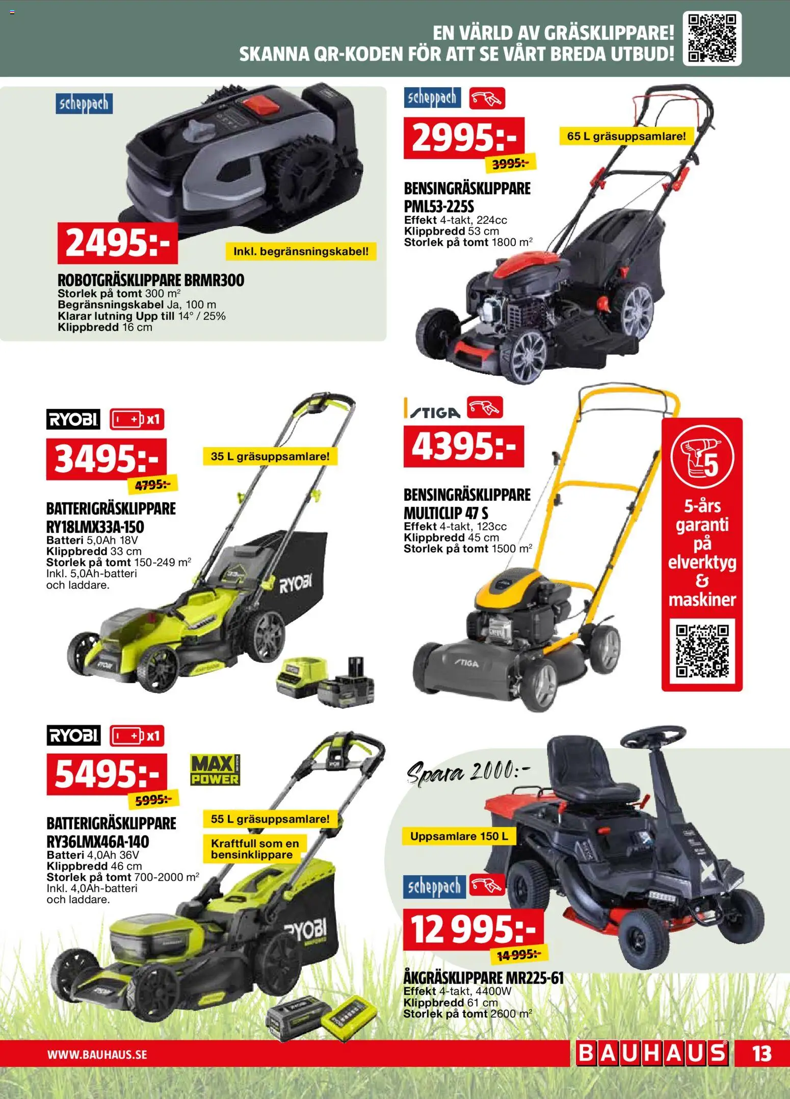 Bauhaus reklamblad aktuell från 01.06.2026 | Sida: 13 | Produkter: Robotgräsklippare, Gräsklippare, Åkgräsklippare, Batteri