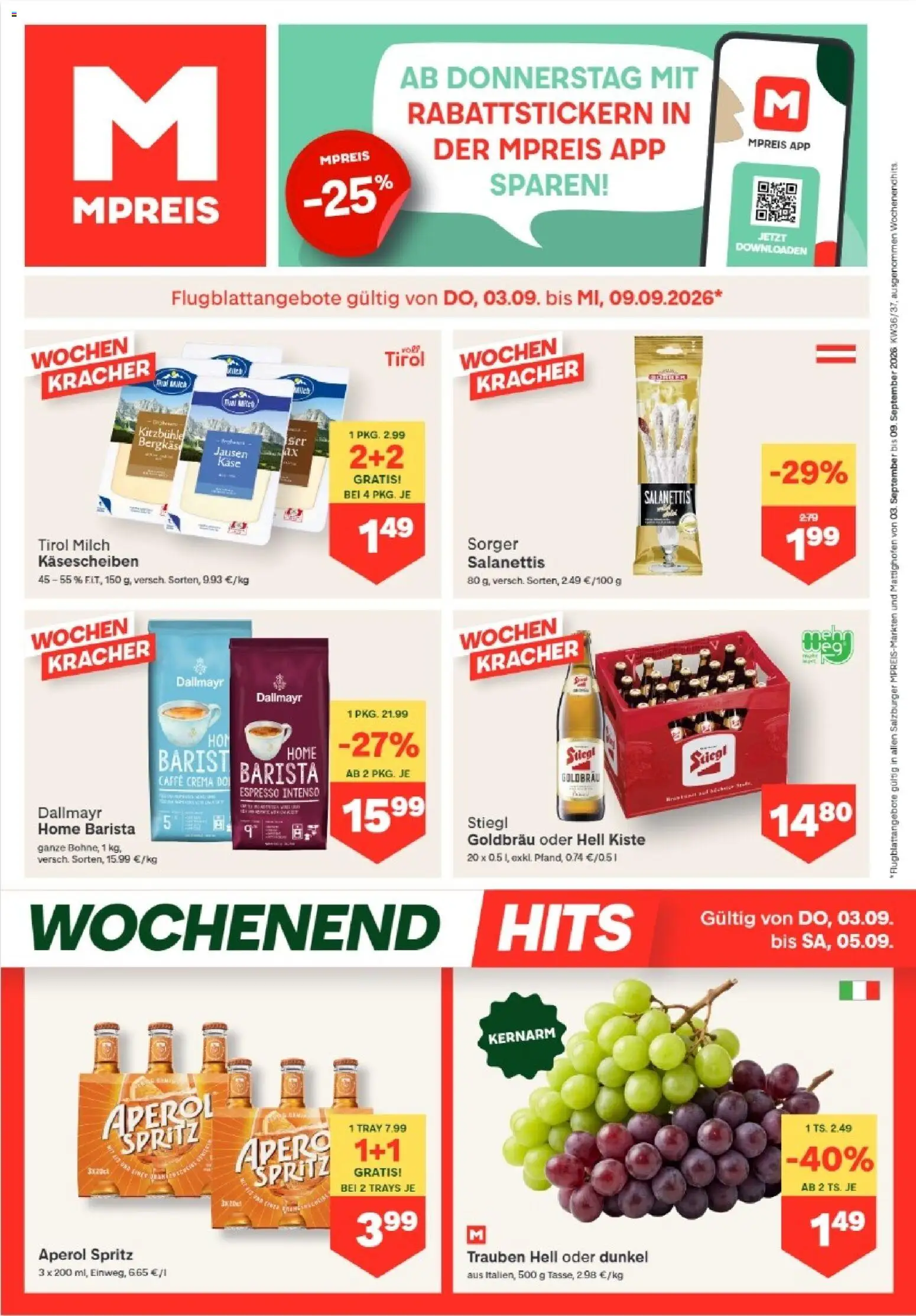 MPREIS Altenmarkt im Pongau gültig ab 03.09.2026 | Seite: 1 | Produkte: Aperol, Milch, Käse