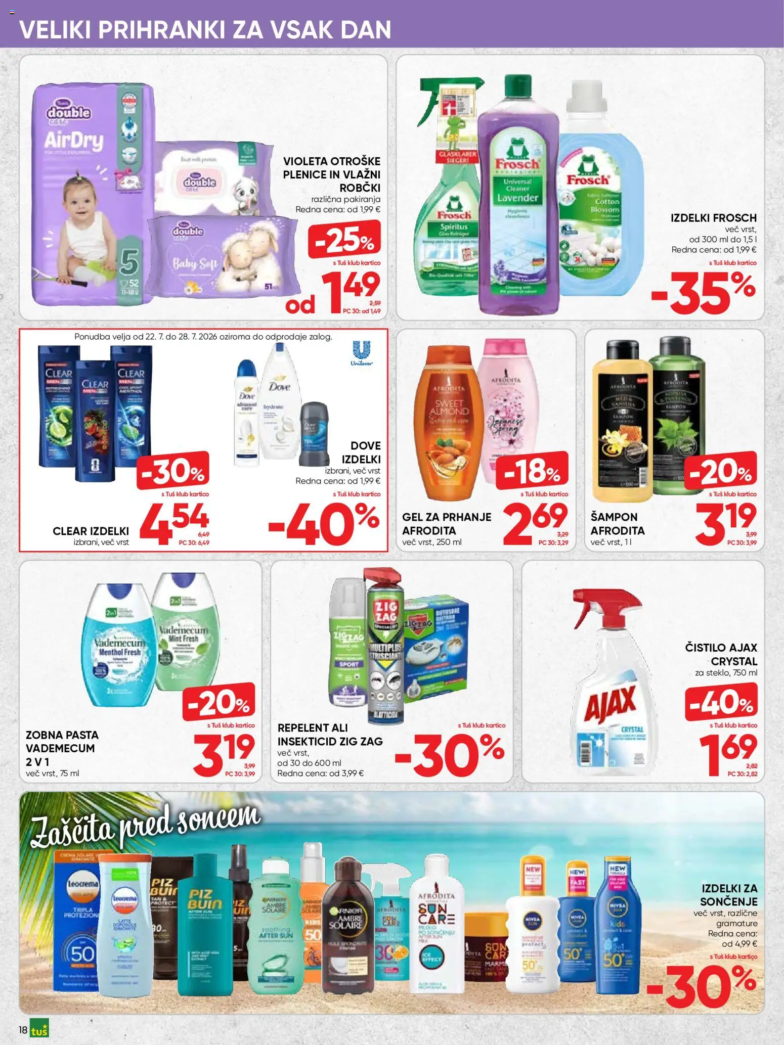 Novi Tuš katalog ponudbe – veljaven od 22.07.2026 | Stran: 18 | Izdelki: Repelent, Plenice, Sampon, Zaščita pred soncem