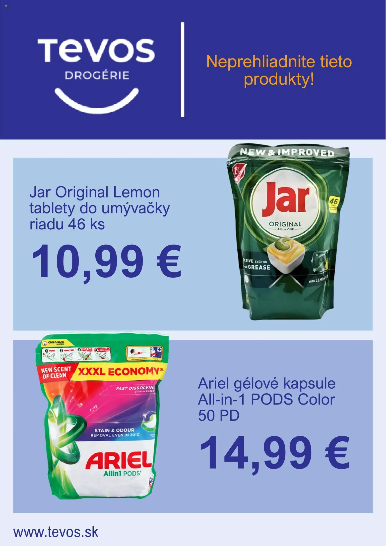 Nové TEVOS drogérie akcie – leták je platný od 03.09.2026 | Strana: 2 | Produkty: Tablety do umývačky, Ariel, Kapsule, Jar