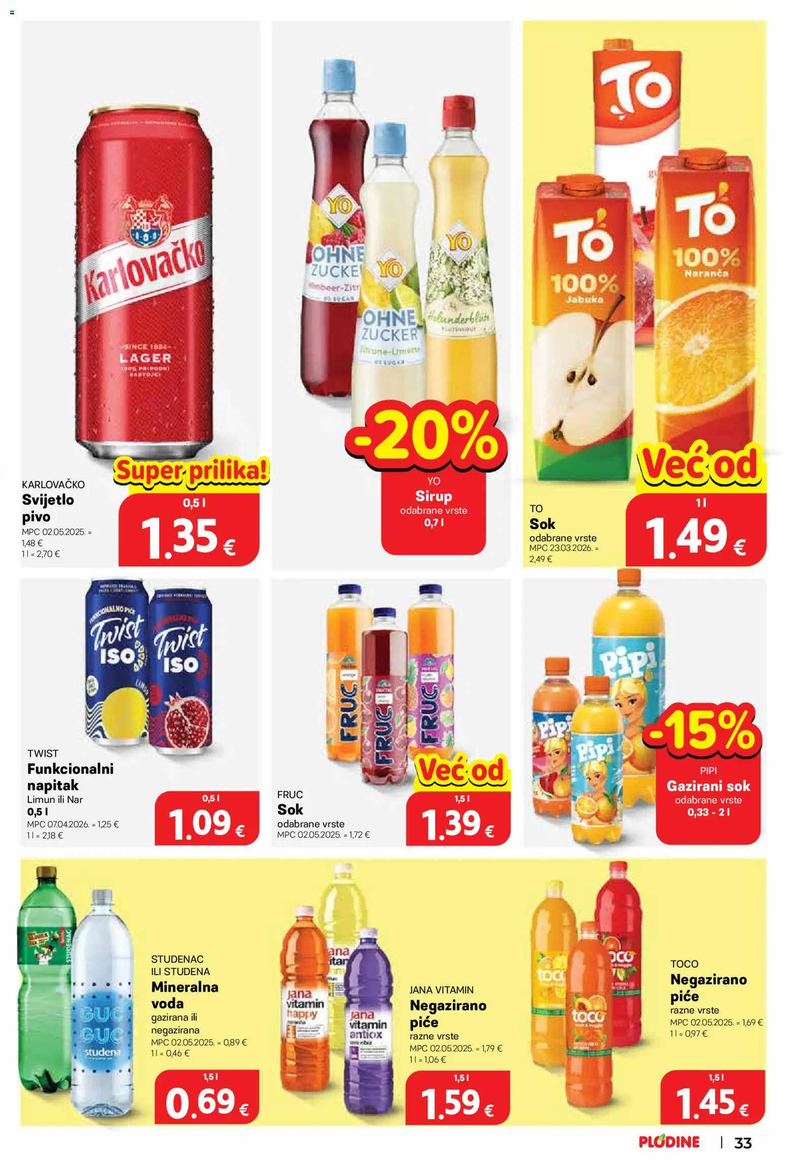 Plodine katalog | vrijedi od 02.09.2026 | Stranica: 33 | Proizvodi: Mineralna voda, Voda, Limun, Lager