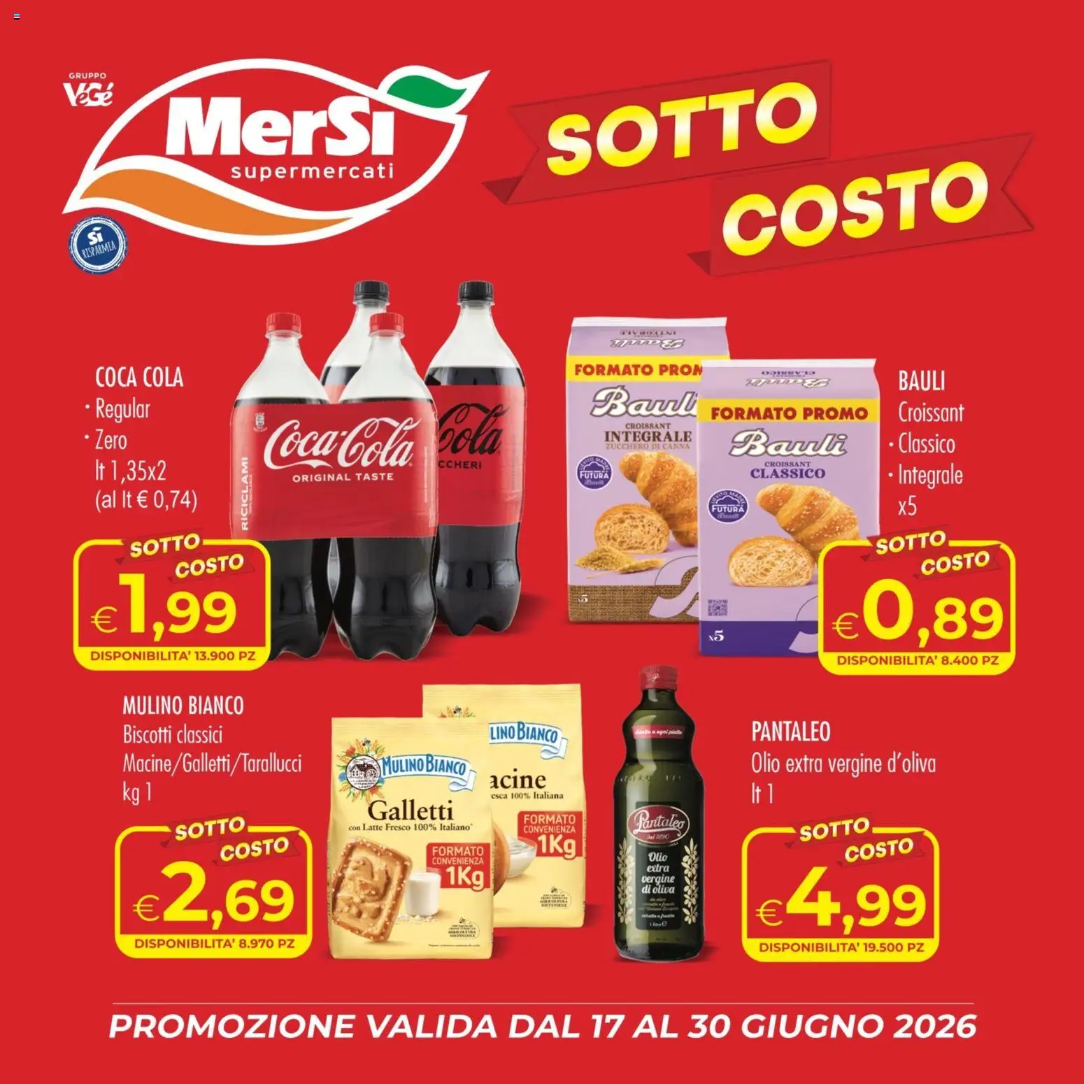 Volantino MerSi Supermercati del 17.06.2026 | Pagina: 1 | Prodotti: Zucchero, Latte, Olio extra vergine, Coca Cola