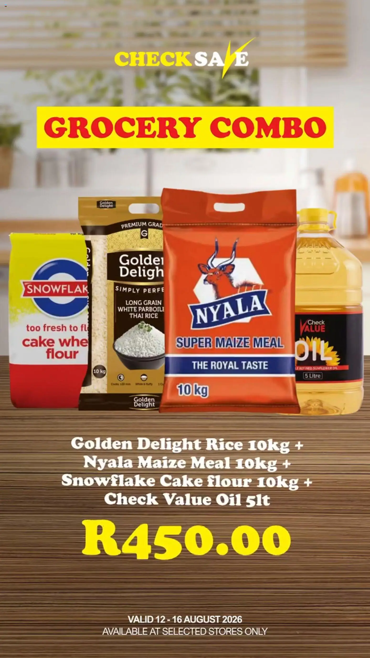 New Check Save catalogue – valid from 12/08/2026 | Page: 1 | Products: Flour, Maize meal, Oil, Rice