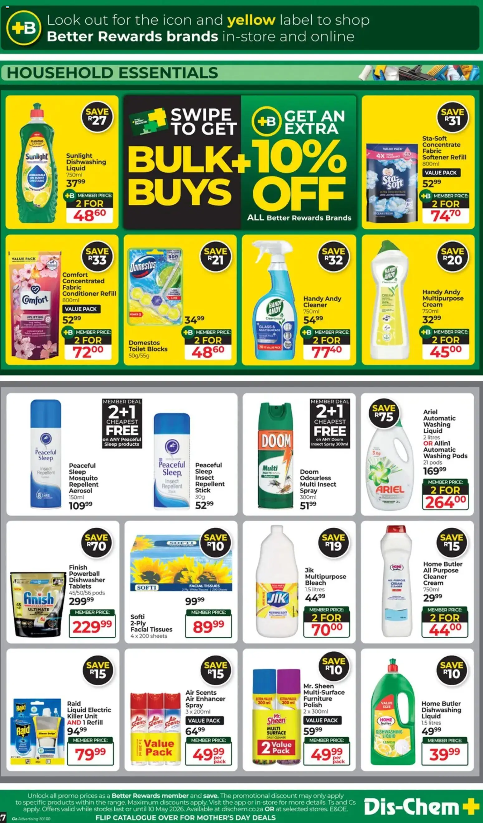 New Dis-Chem catalogue – valid from 14.04.2026 | Page: 27 | Products: Dishwasher, Toilet, Bleach, Tissues