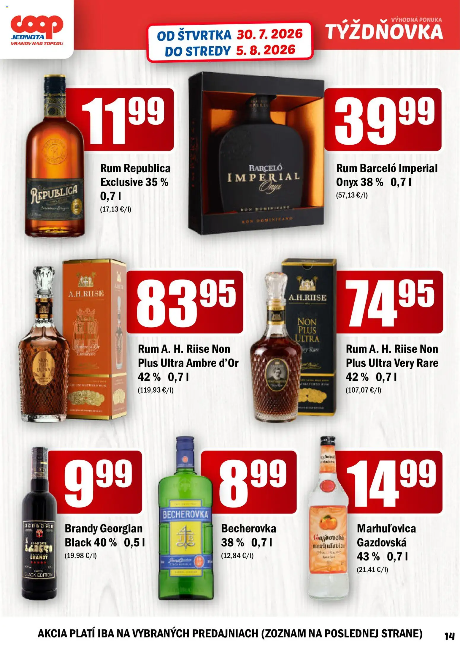 Nové COOP Jednota akcie – leták je platný od 30.07.2026 | Strana: 14 | Produkty: Becherovka, Republica, Brandy, Rum