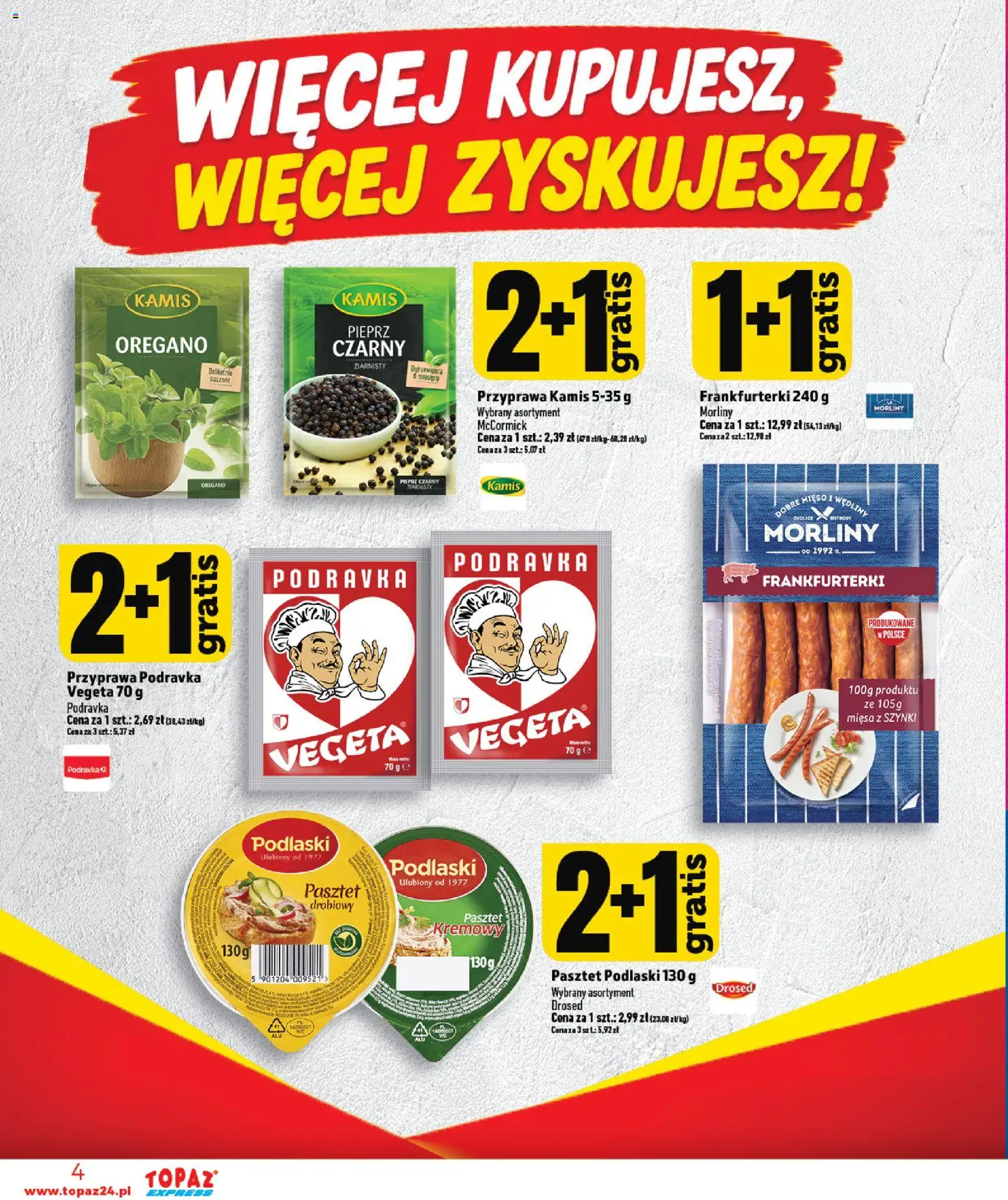 Topaz gazetka - Express od 22.10.2026 | Strona: 4 | Produkty: Oregano, Frankfurterki, Pasztet, Pieprz
