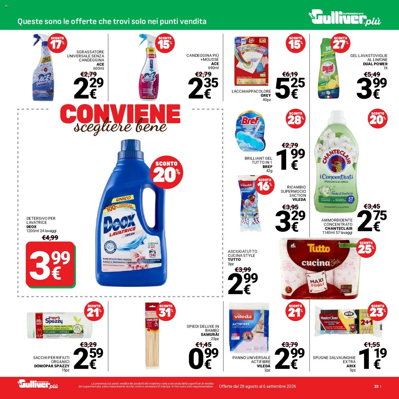 Volantino Gulliver del 28/08/2026 | Pagina: 33 | Prodotti: Candeggina, Sgrassatore, Lavatrice, Profumo