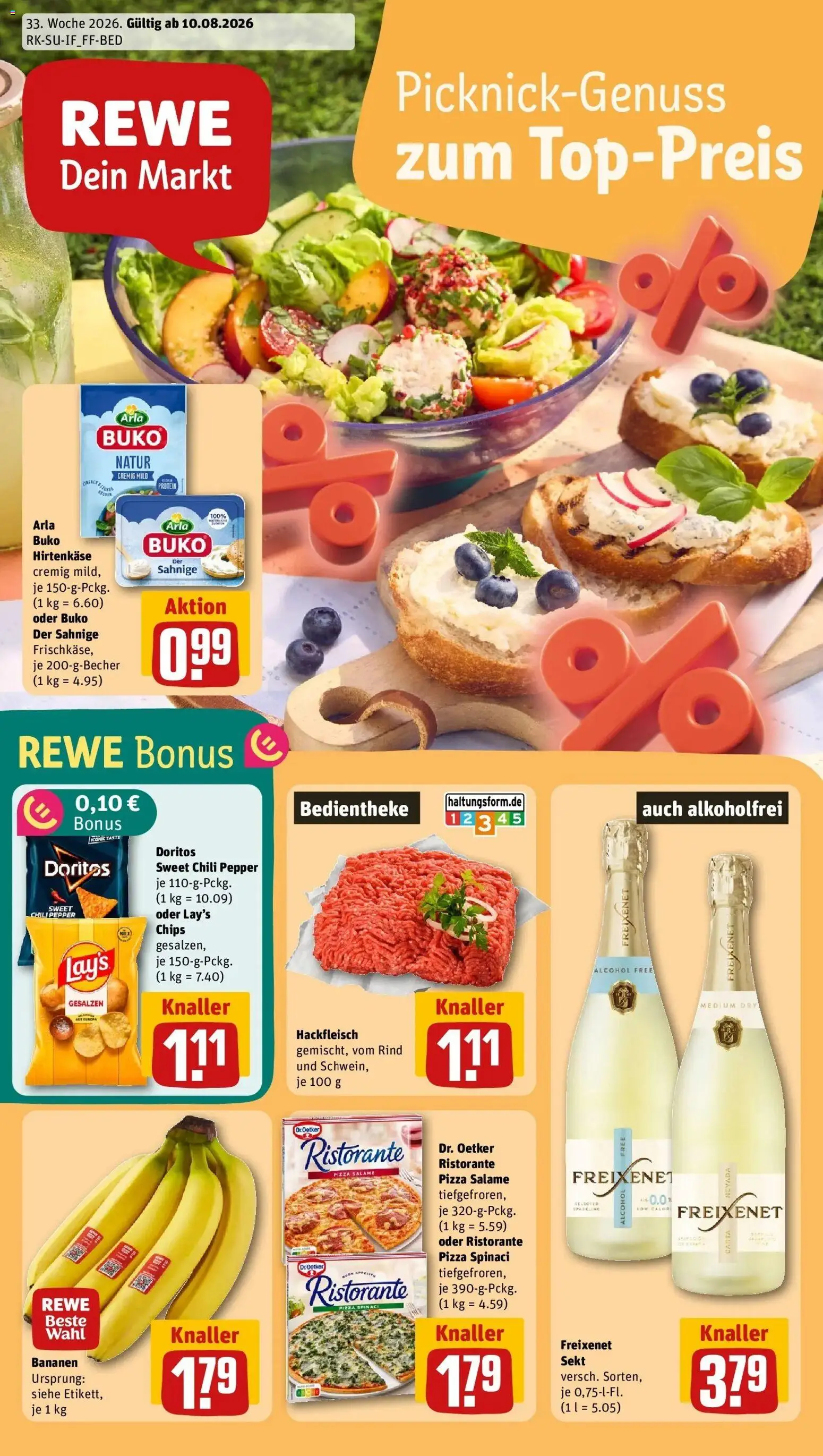REWE Prospekt ab 10.08.2026 zum Blättern » Angebote | Seite: 1 | Produkte: Arla buko, Chili, Pizza, Chips