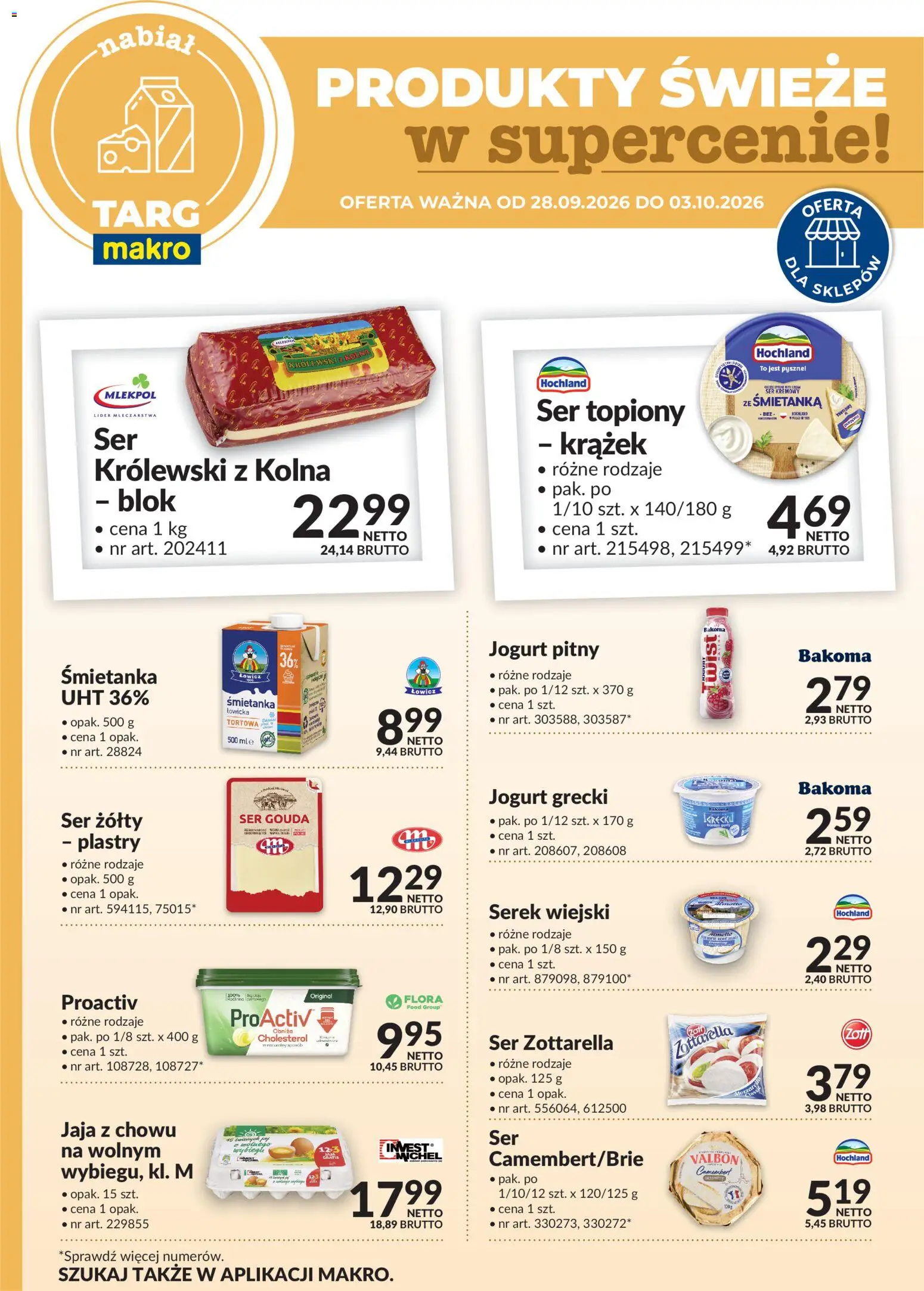Makro gazetka - Oferta świeża w super cenach od 28.09.2026 | Strona: 1 | Produkty: Ser żółty, Jogurt pitny, Camembert, Jogurt