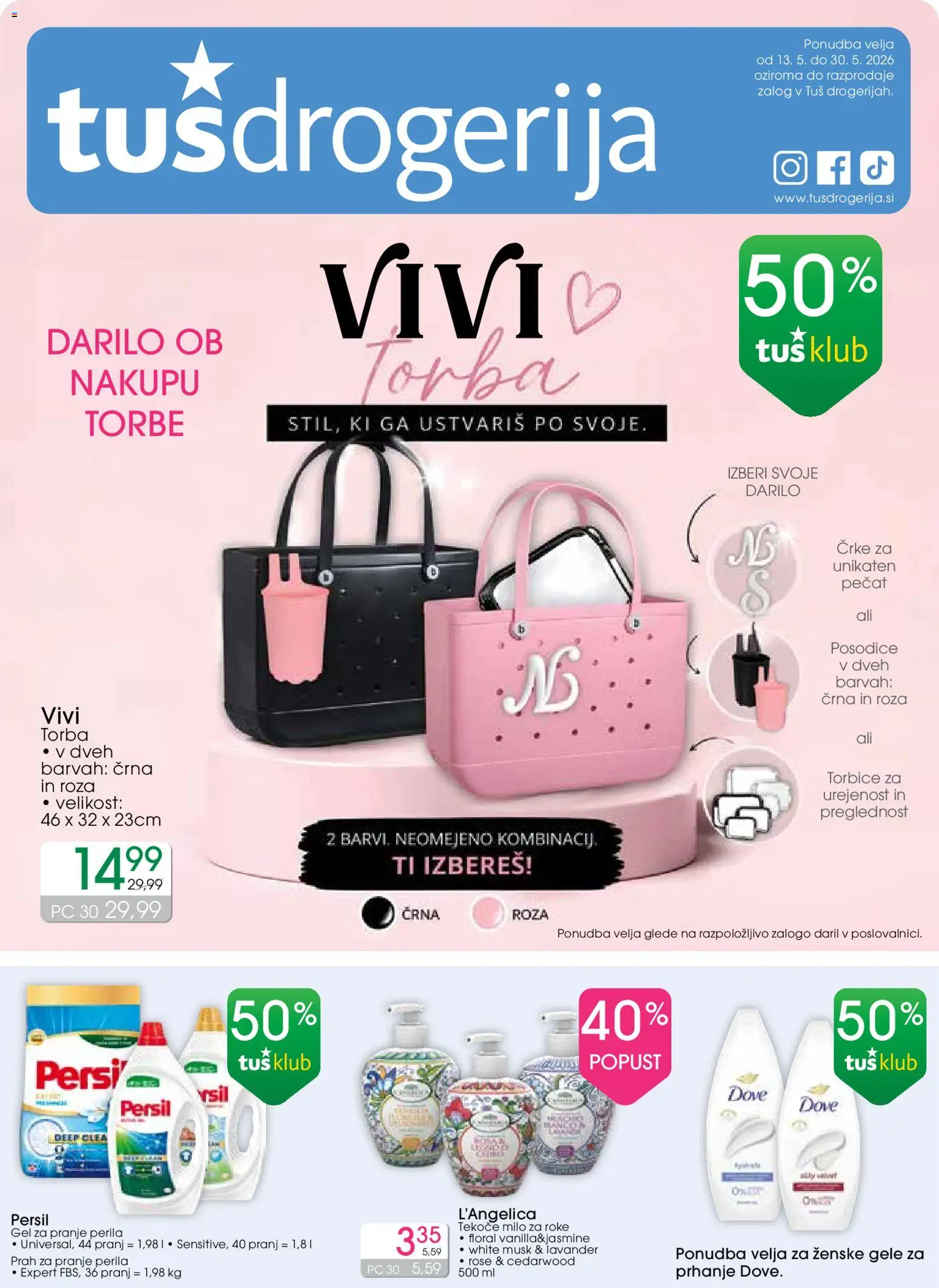 Novi Tuš drogerija katalog ponudbe – veljaven od 13.05.2026 | Stran: 1 | Izdelki: Tekoče milo, Torba, Milo, Detergent