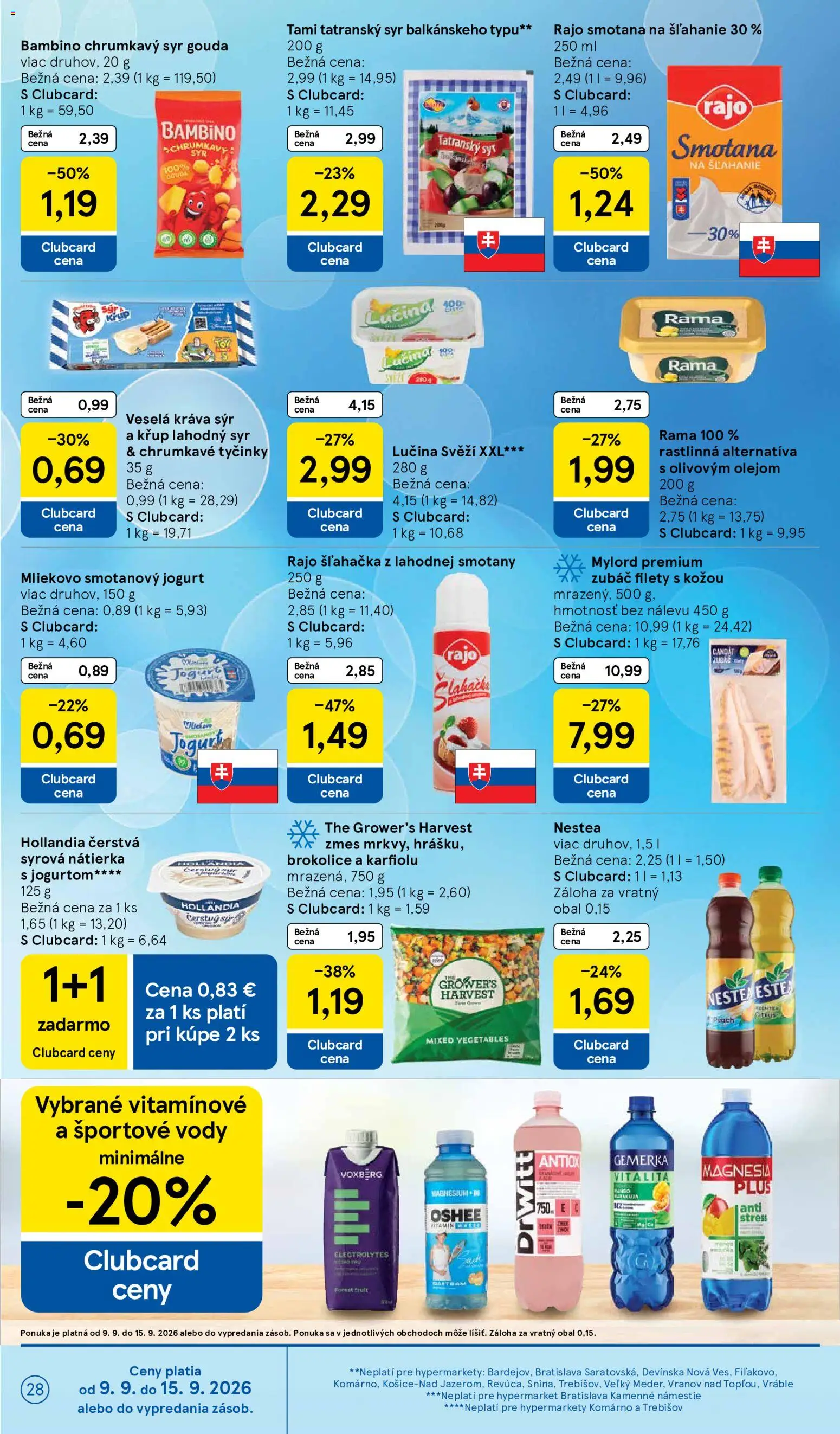 Nové Tesco akcie – leták je platný od 09.09.2026 | Strana: 28 | Produkty: Jogurt, Smotana, Syr Gouda, Gemerka