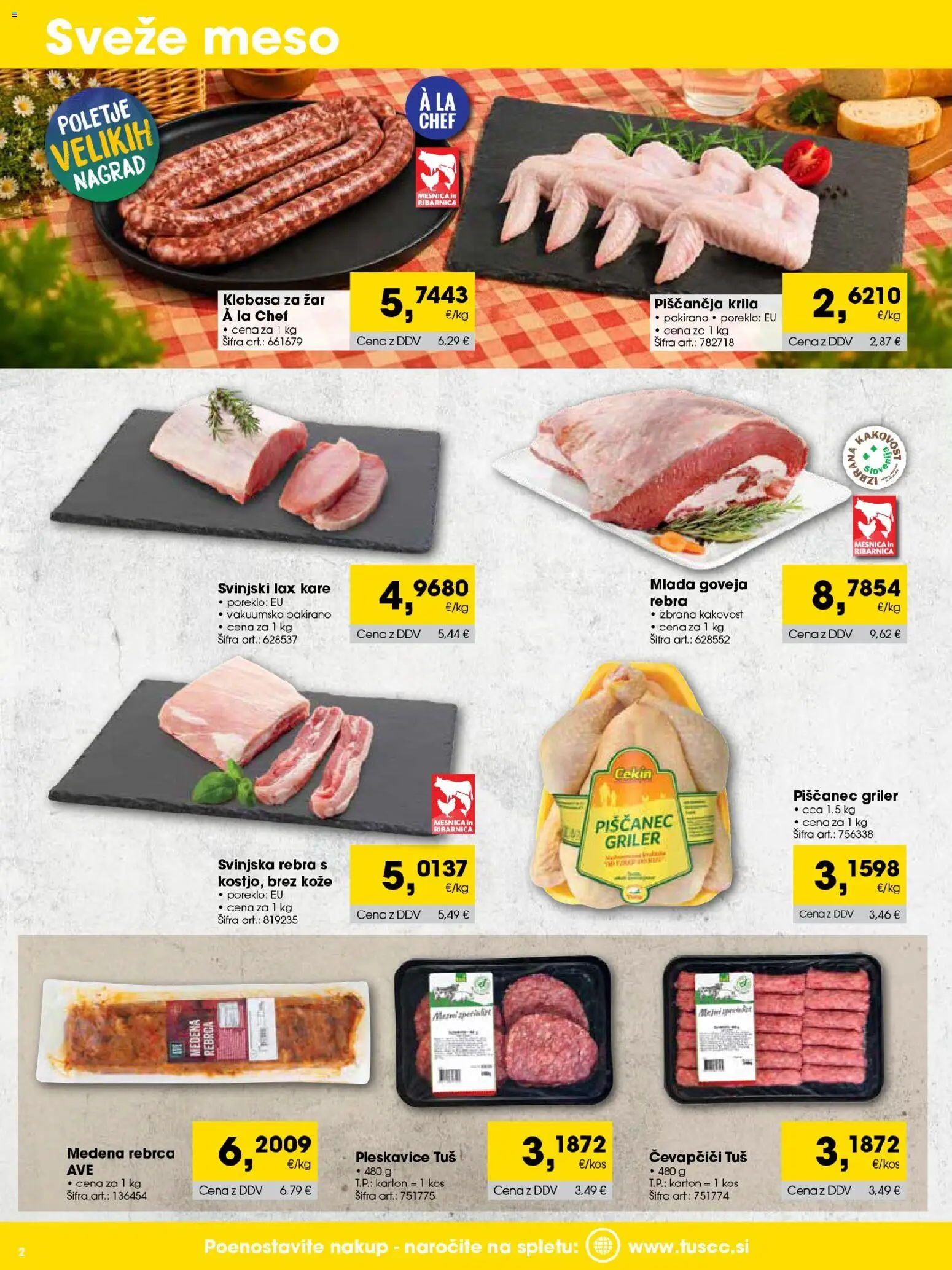 Novi Tuš katalog ponudbe – veljaven od 01.07.2026 | Stran: 2 | Izdelki: Čevapčiči, Zar, Pleskavice, Kos