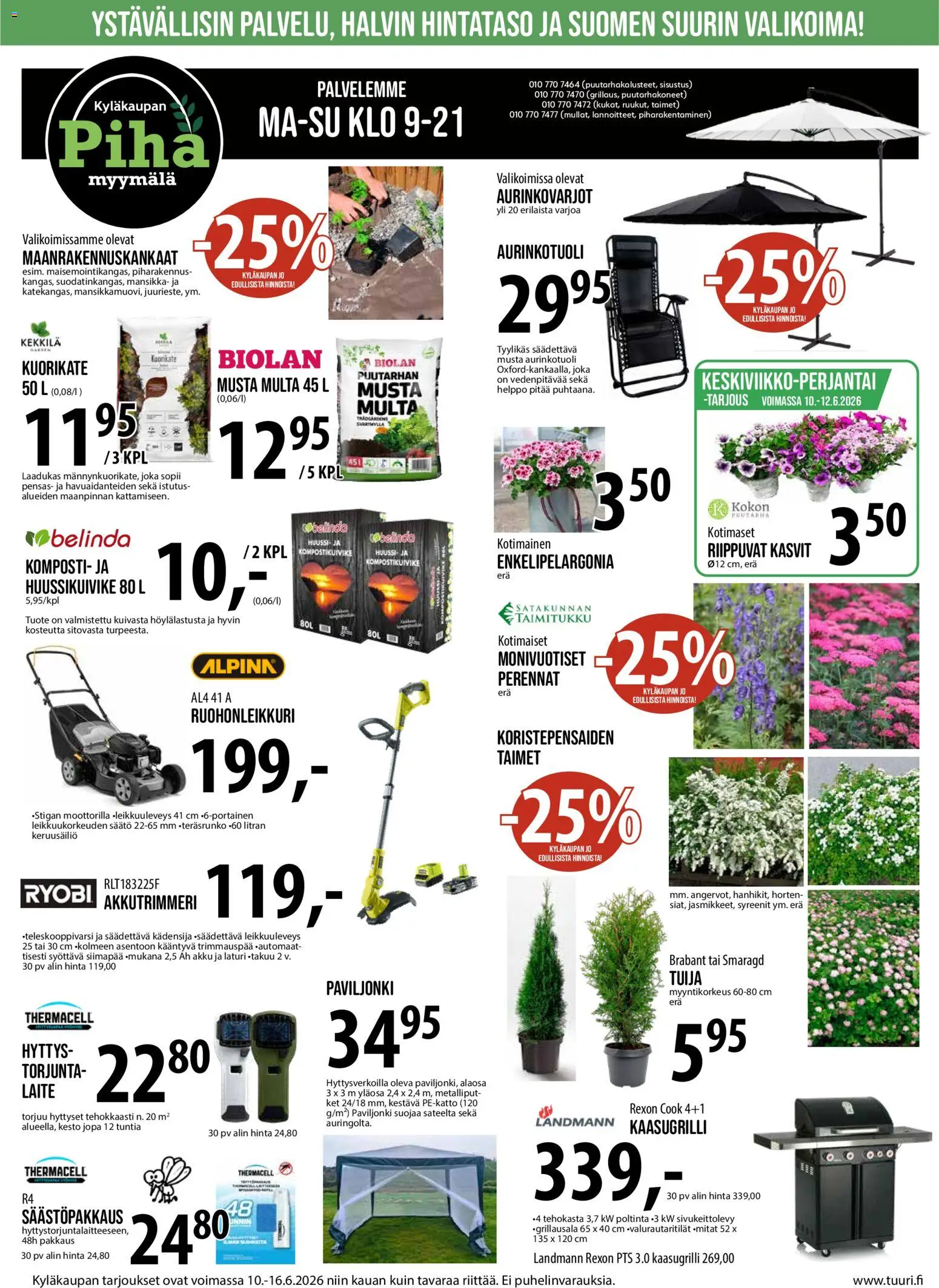 Tuuri tarjoukset – voimassa 10.06.2026 alkaen | Sivu: 8 | Tuotteet: Ruohonleikkuri, Aurinkotuoli, Akku, Komposti