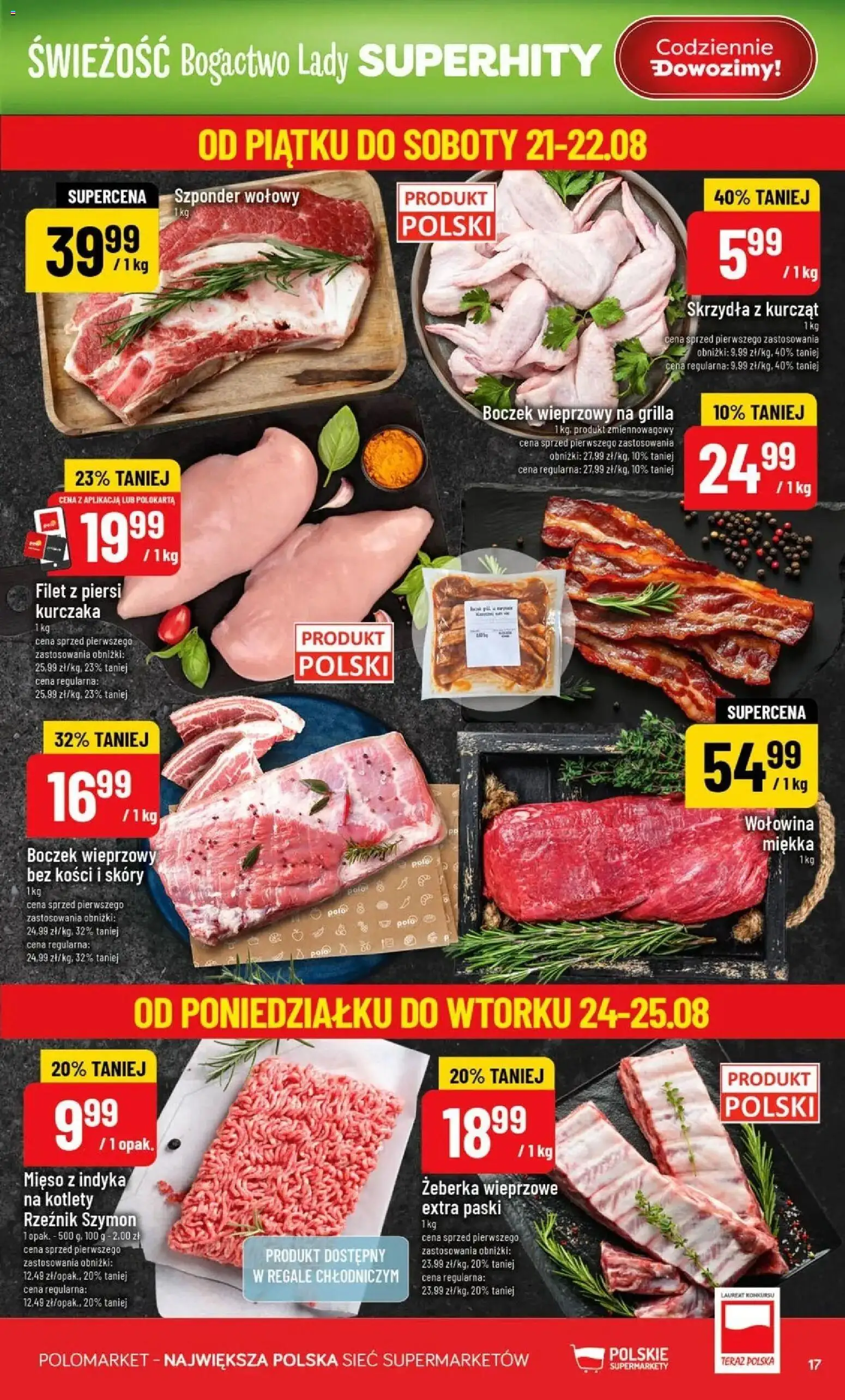 Nowa POLOmarket gazetka od jutra 19.08.2026 | Strona: 17 | Produkty: Żeberka wieprzowe, Piersi, Mięso z indyka, Wołowina