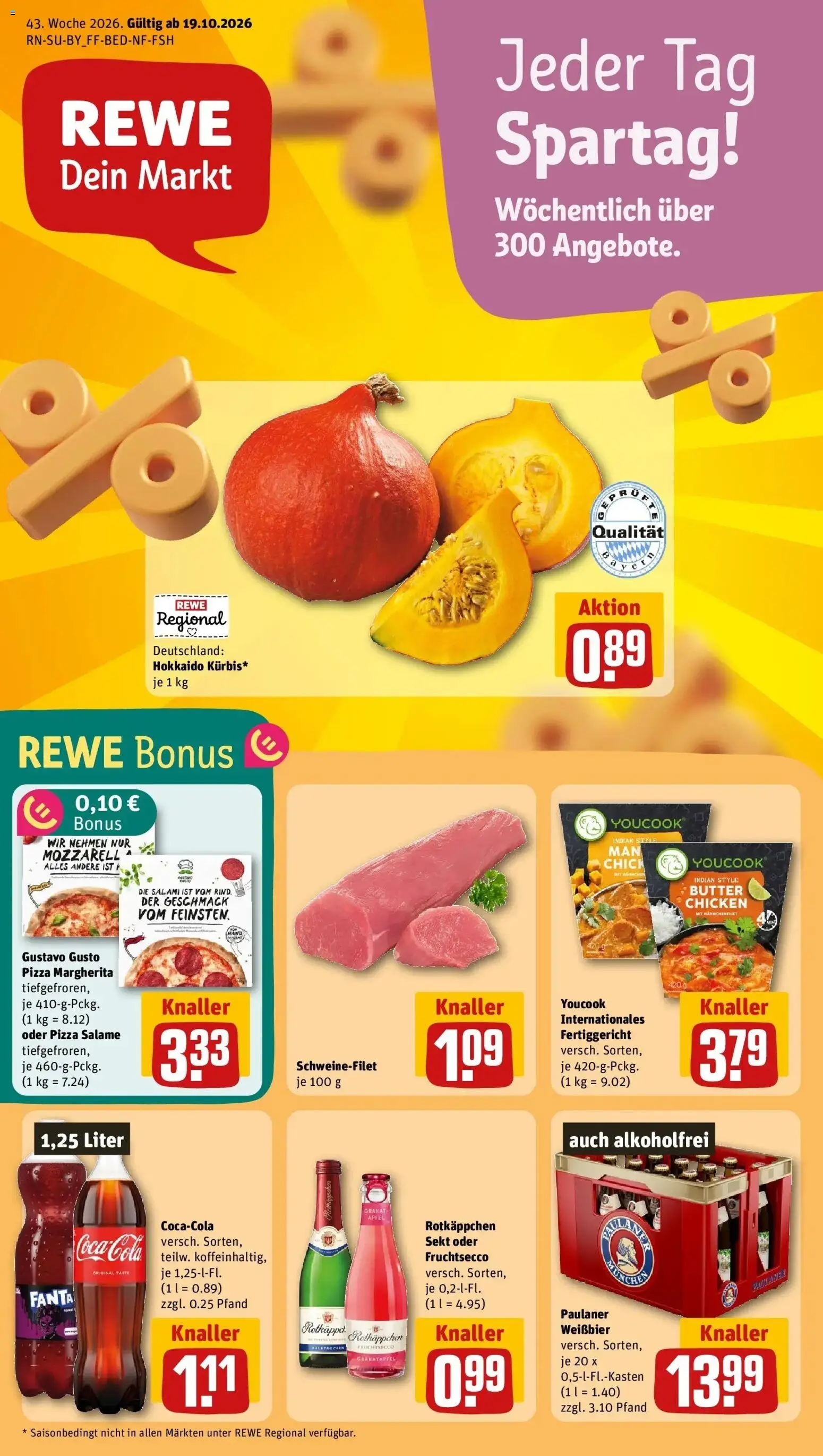 REWE Prospekt ab 19.10.2026 zum Blättern » Angebote | Seite: 1 | Produkte: Fanta, Äpfel, Fruchtsecco, Salami