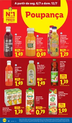 Pré-visualização SOLEVI, SUMO, ESPREMIDO, FRUTOS VERMELHOS, MAÇÃ E, GENGIBRE, FEITO COM, INGREDIENTES, NATURAIS, SOLEVI, SUMO de, Frutos, Vermelhos, e Gengibre, Emb. 750 ml, 1 L = 1.99 válido de 06/07/2026 | Página: 14 | Produtos: Maça, Sumo