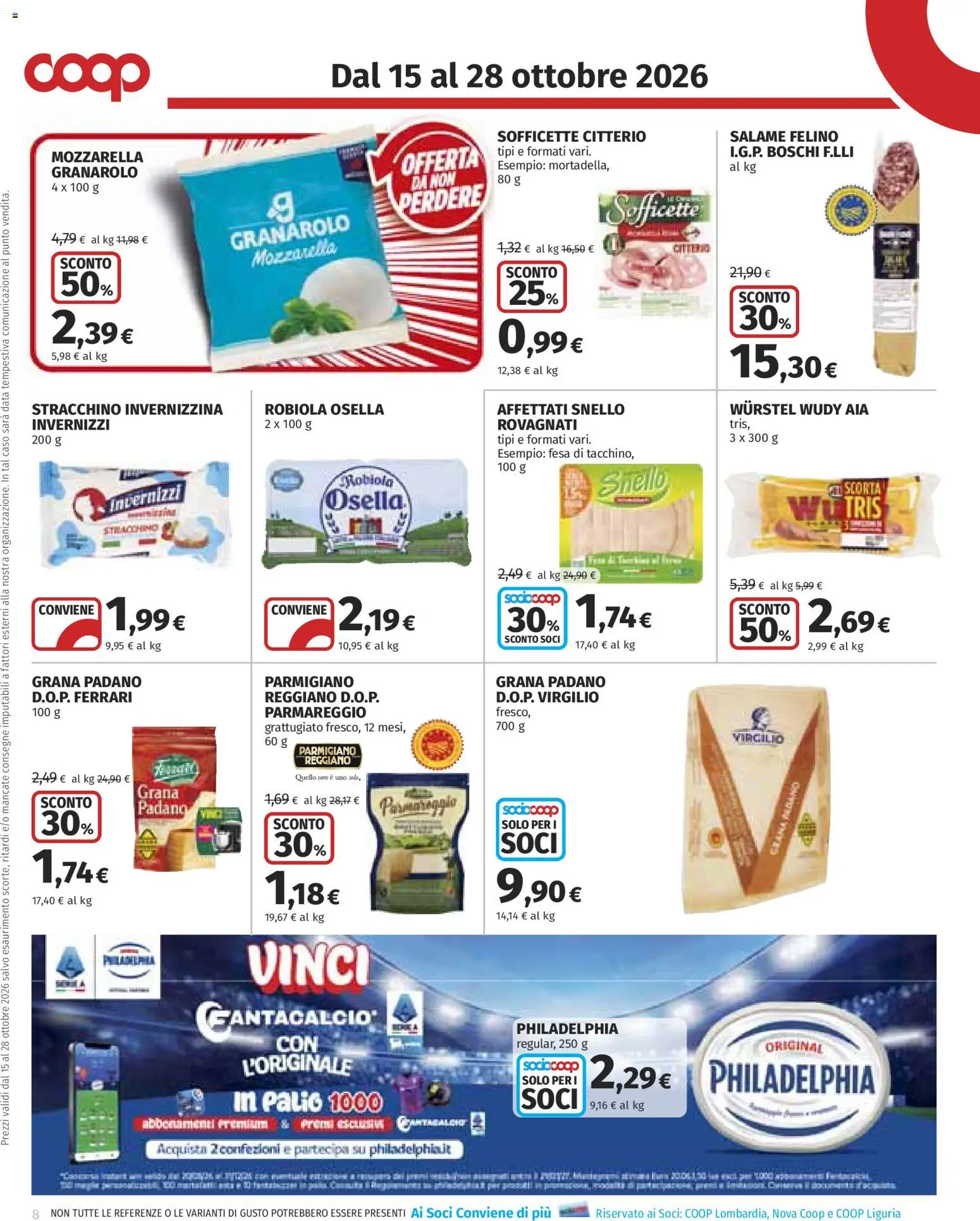 Volantino COOP del 15/10/2026 | Pagina: 8 | Prodotti: Wurstel, Grana Padano, Parmigiano reggiano, Robiola