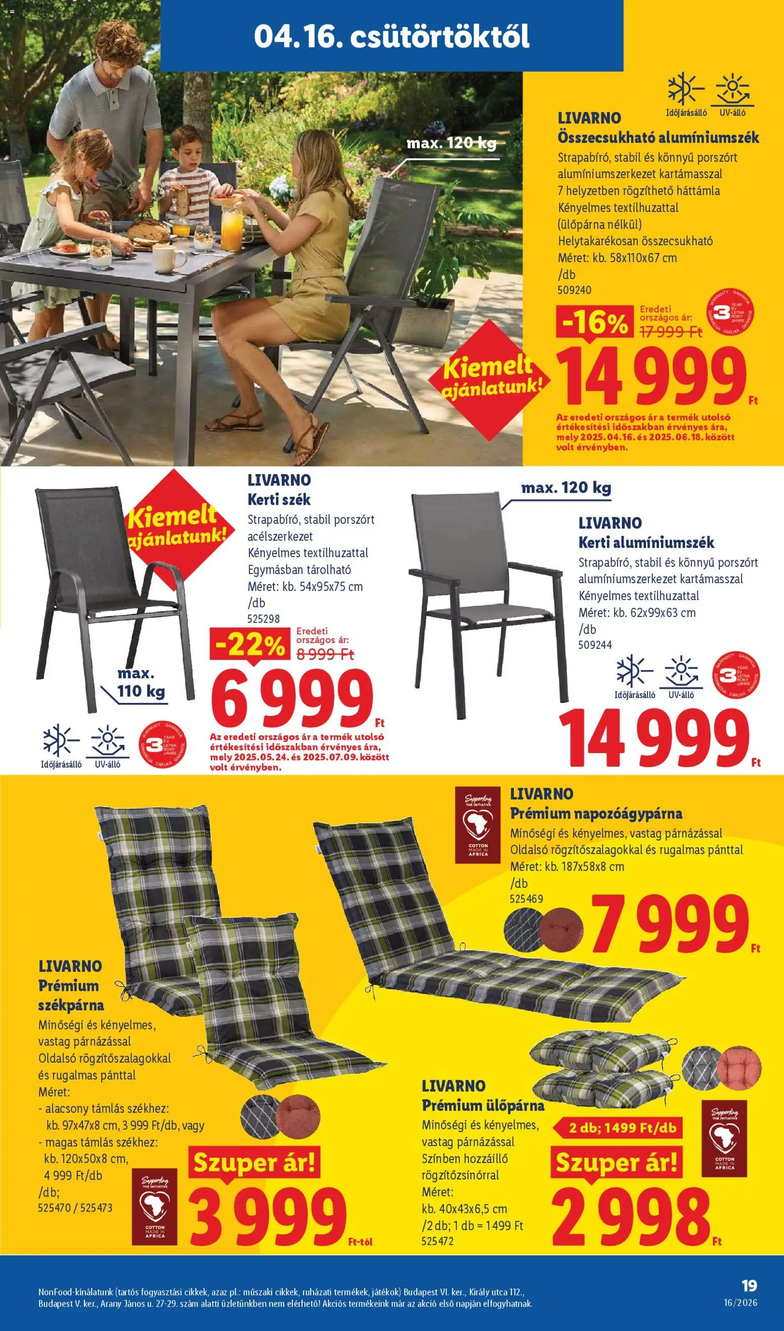 Lidl akciós ujság - amely érvényes a következő dátumtól: 16.04.2026 | Oldal: 19 | Termékek: Székpárna, Játékok, Kerti szék, Ülőpárna