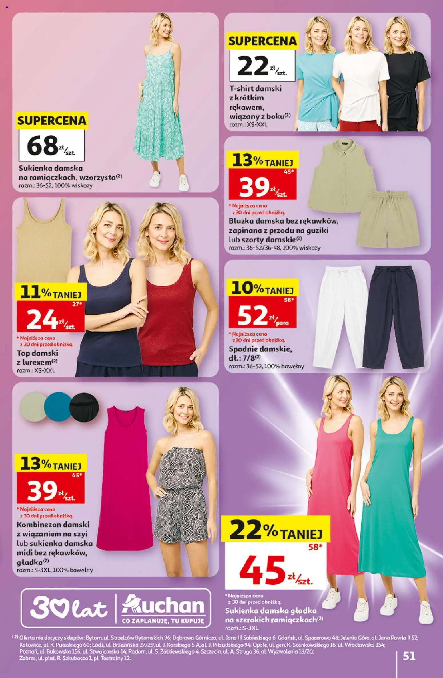 Auchan gazetka - 30 Lat Hipermarket od 07.05.2026 | Strona: 51 | Produkty: Bluzka, Kombinezon, Spodnie, Sukienka