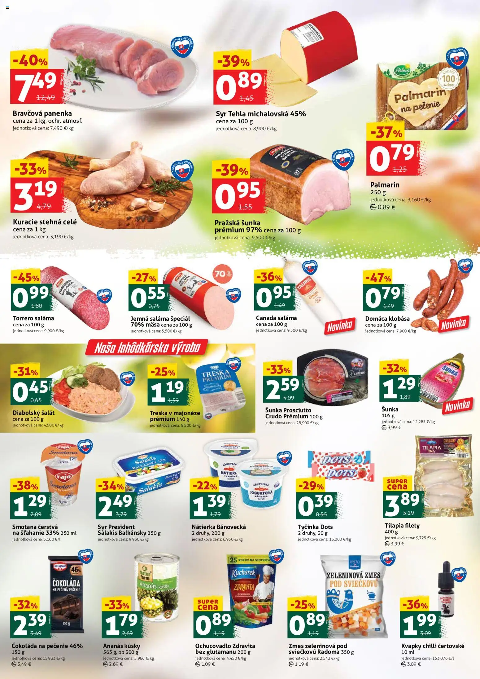 Nové COOP Jednota akcie – leták je platný od 23.10.2026 | Strana: 2 | Produkty: Saláma, Šalát, Stehná, Treska