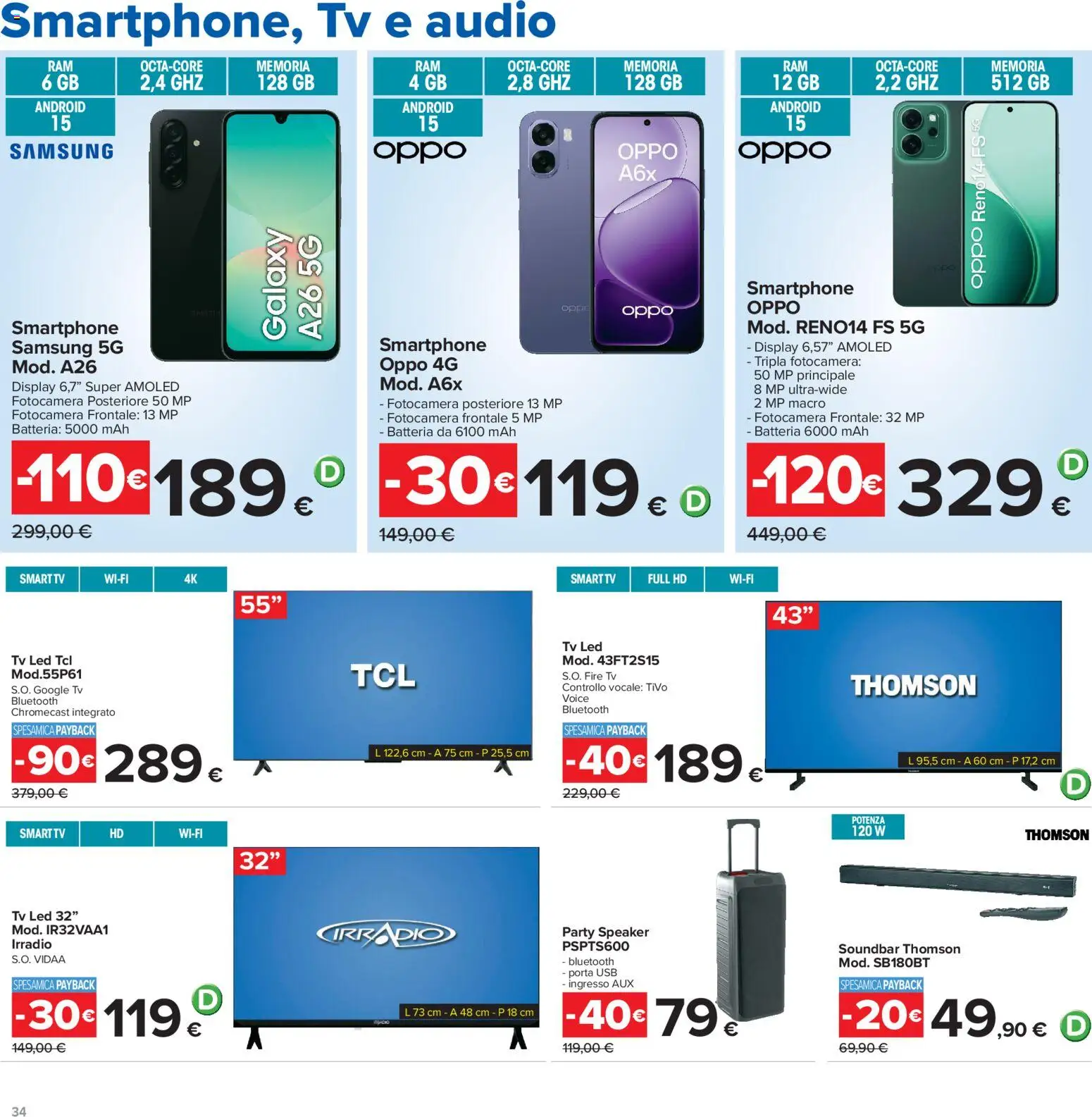 Volantino Carrefour del 16.06.2026 | Pagina: 34 | Prodotti: TV, Fotocamera, Speaker, Batteria