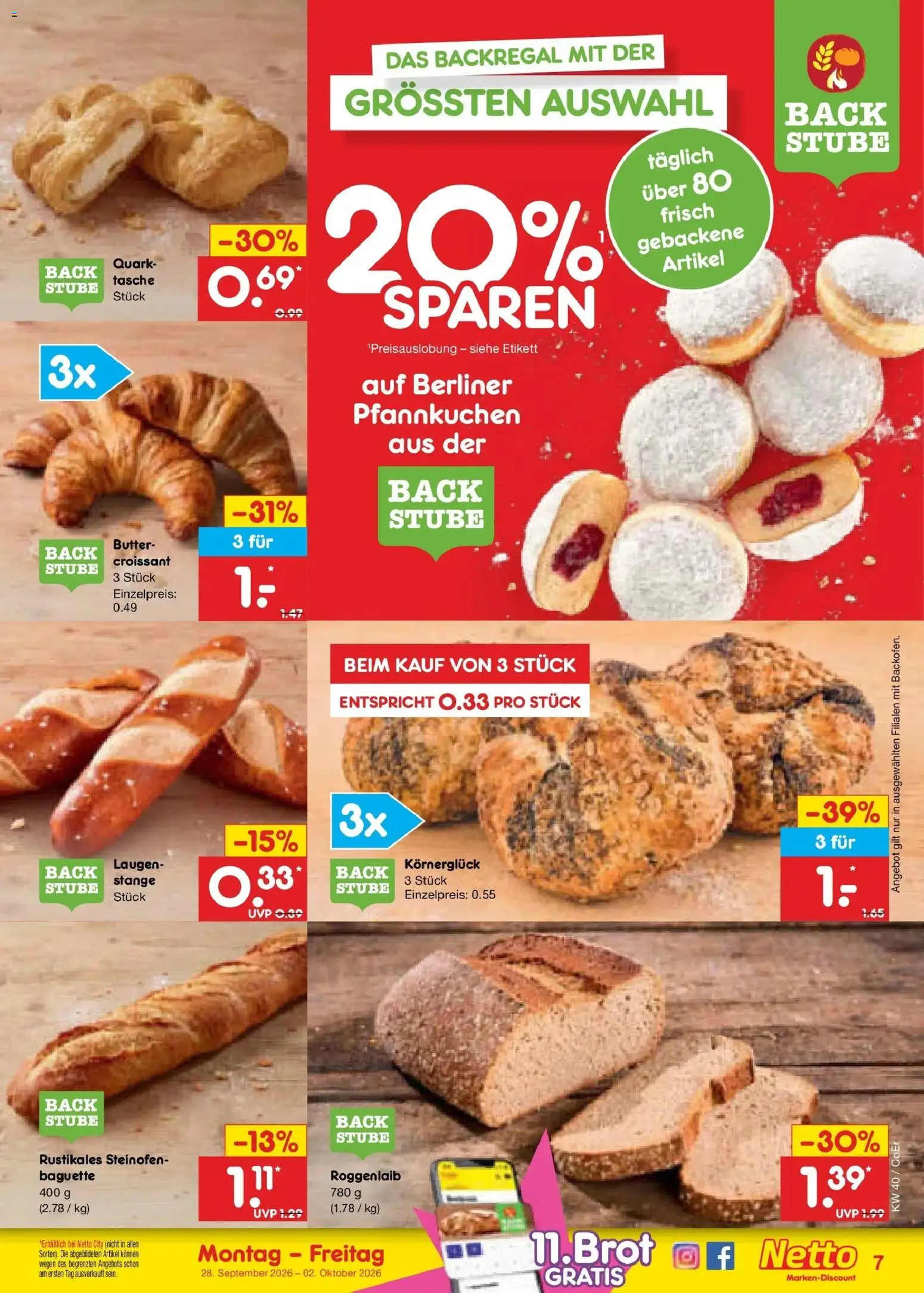 Netto Marken-Discount Prospekt Leipzig – gültig ab 28.09.2026 | Seite: 7 | Produkte: Tasche, Baguette, Pfannkuchen, Croissant