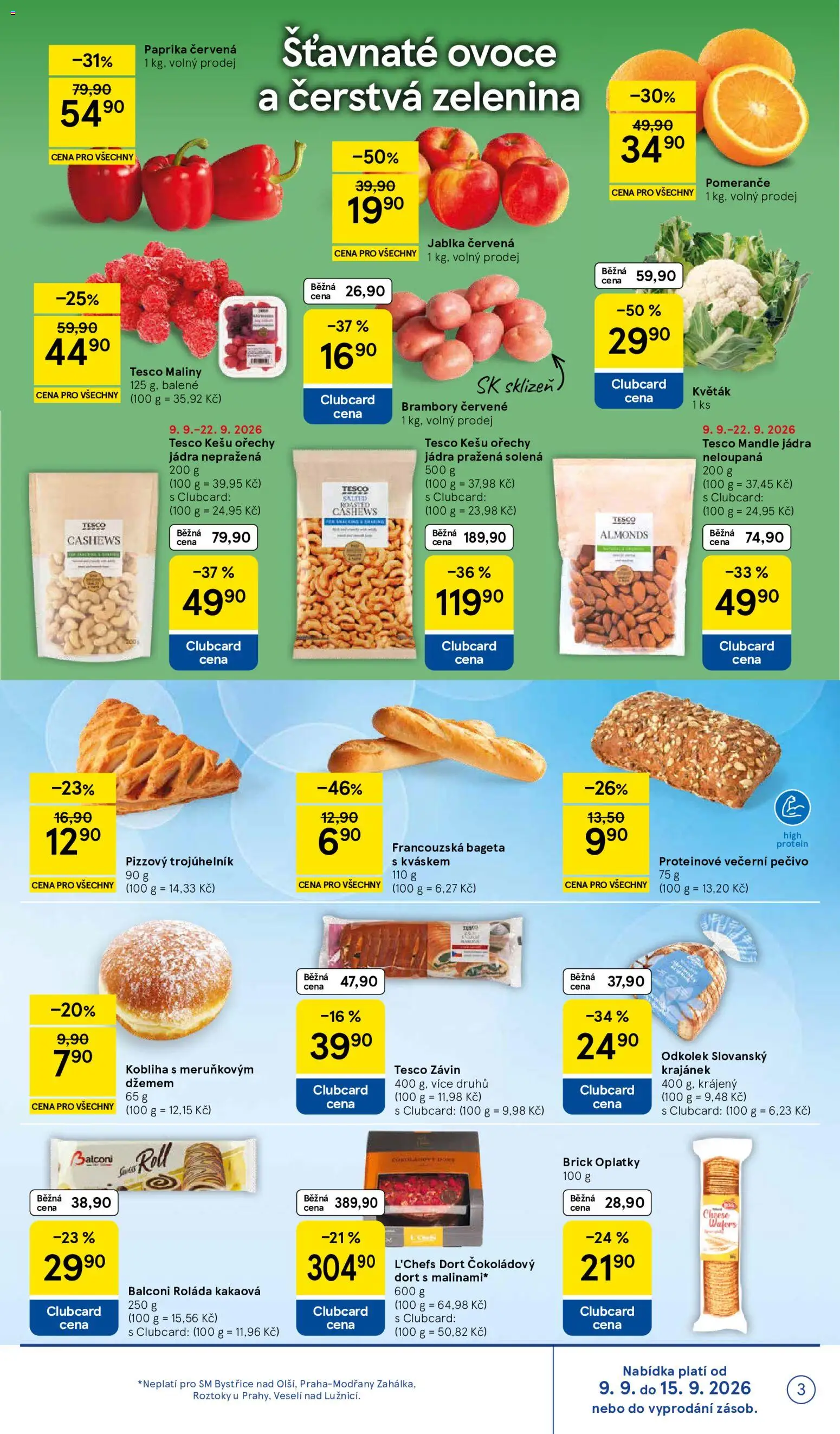 Tesco leták - Supermarket od 09.09.2026 | Strana: 3 | Produkty: Kešu, Pomeranče, Večerní pečivo, Dort