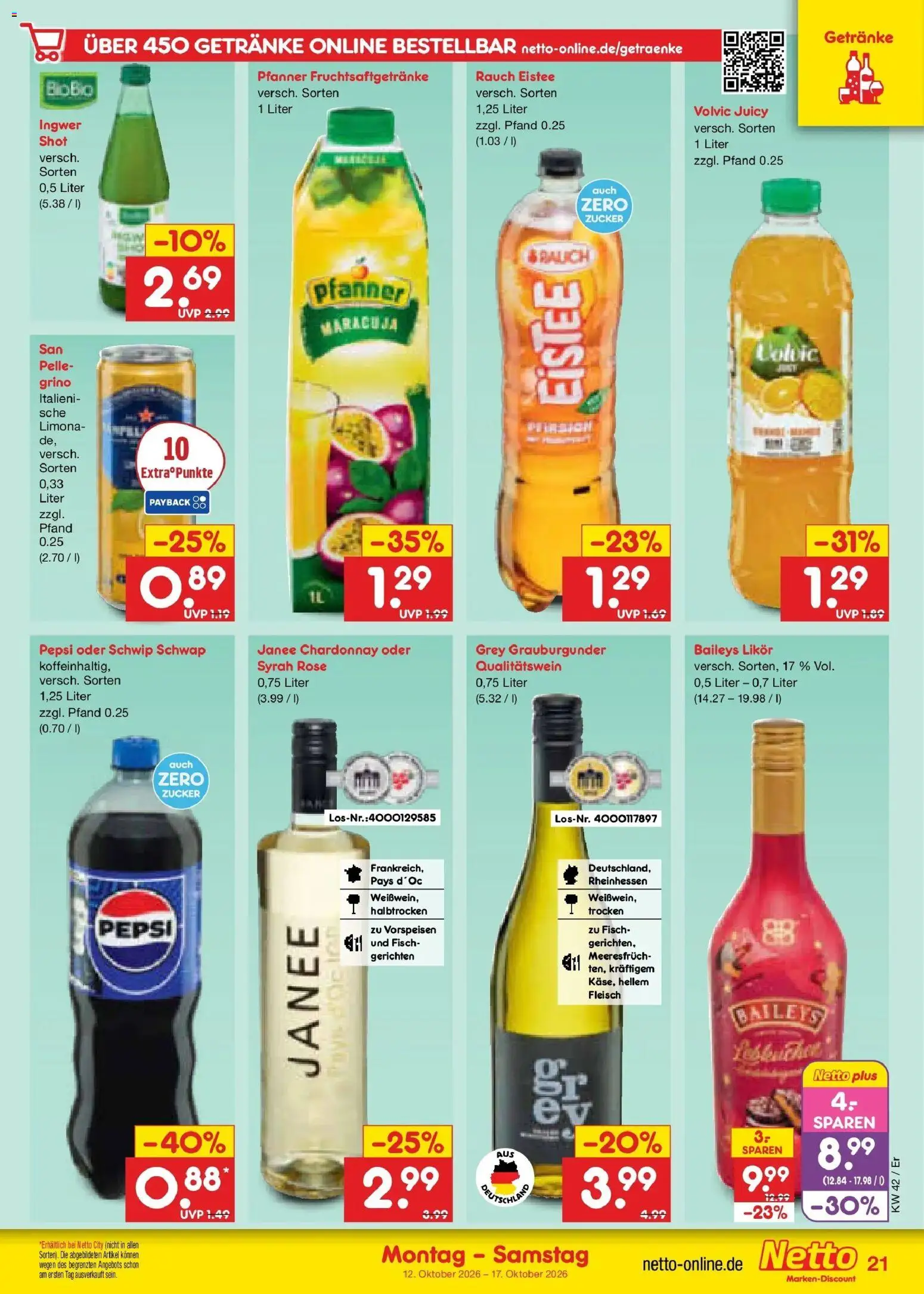 Netto Marken-Discount Prospekt Weimar (ab 12.10.2026) » Angebote | Seite: 25 | Produkte: Likör, Schwip schwap, Fisch, Pepsi