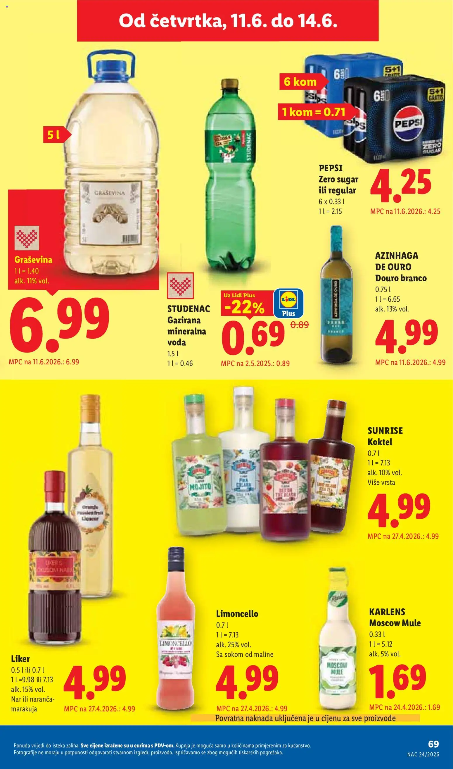 Lidl katalog | vrijedi od 08.06.2026 | Stranica: 69 | Proizvodi: Mineralna voda, Pepsi, Liker, Maline