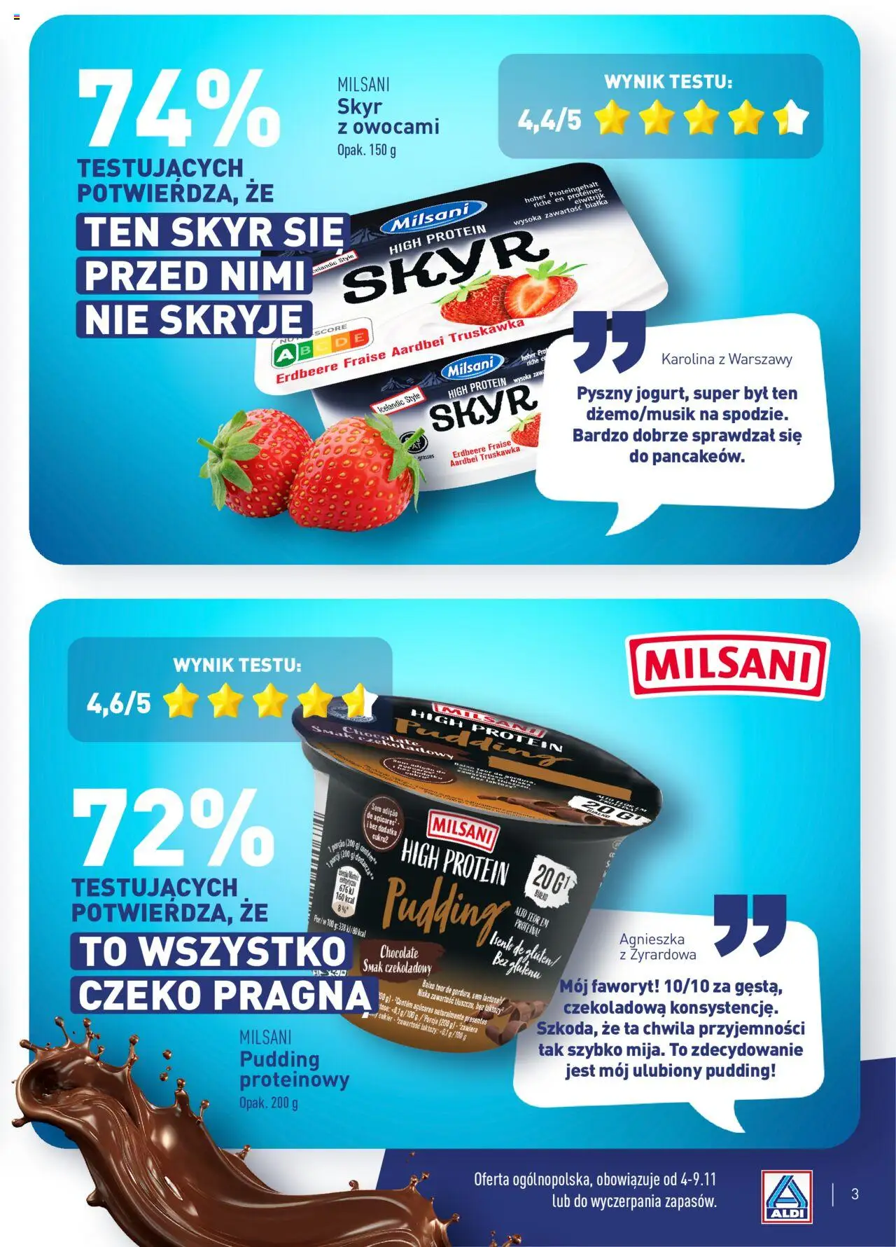 Aldi Gazetka - Wielki test od 04.11.2024 | Strona: 3 | Produkty: Czekoladowa, Bez laktozy, Protein pudding, Milsani skyr