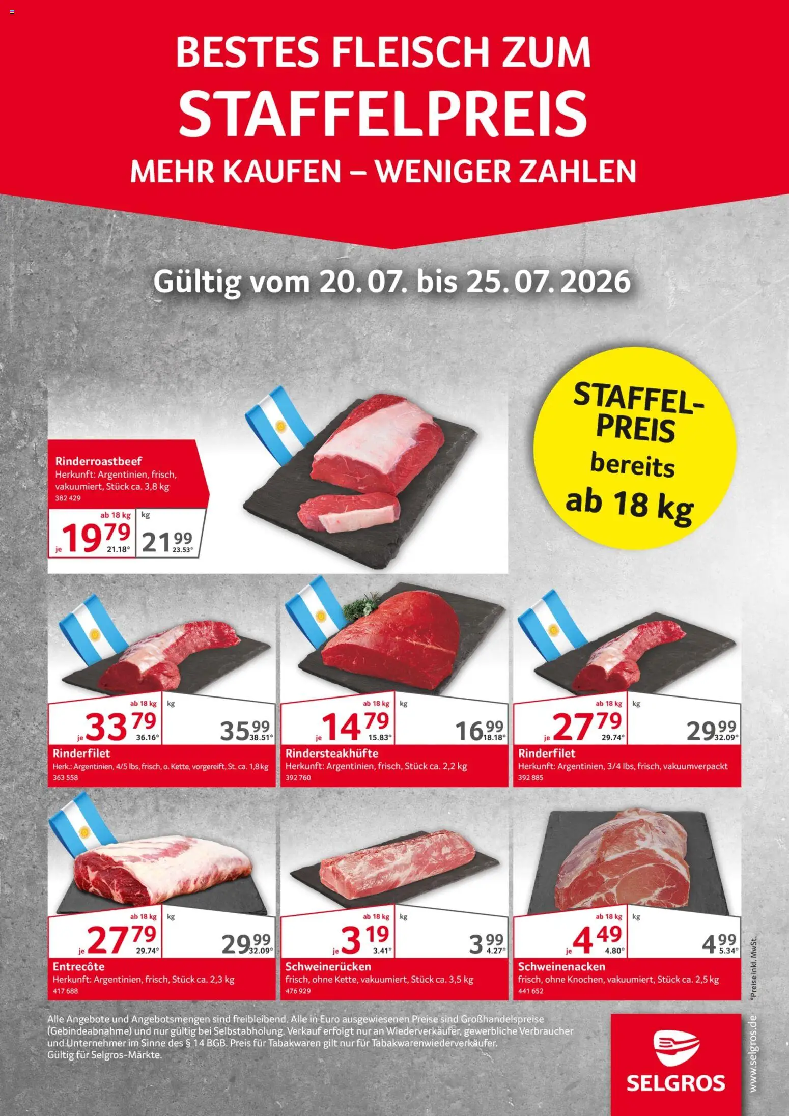 Selgros Fleisch zum Staffelpreis – gültig ab 20.07.2026 | Seite: 1 | Produkte: Rinderfilet, Entrecote, Schweinerucken, Fleisch