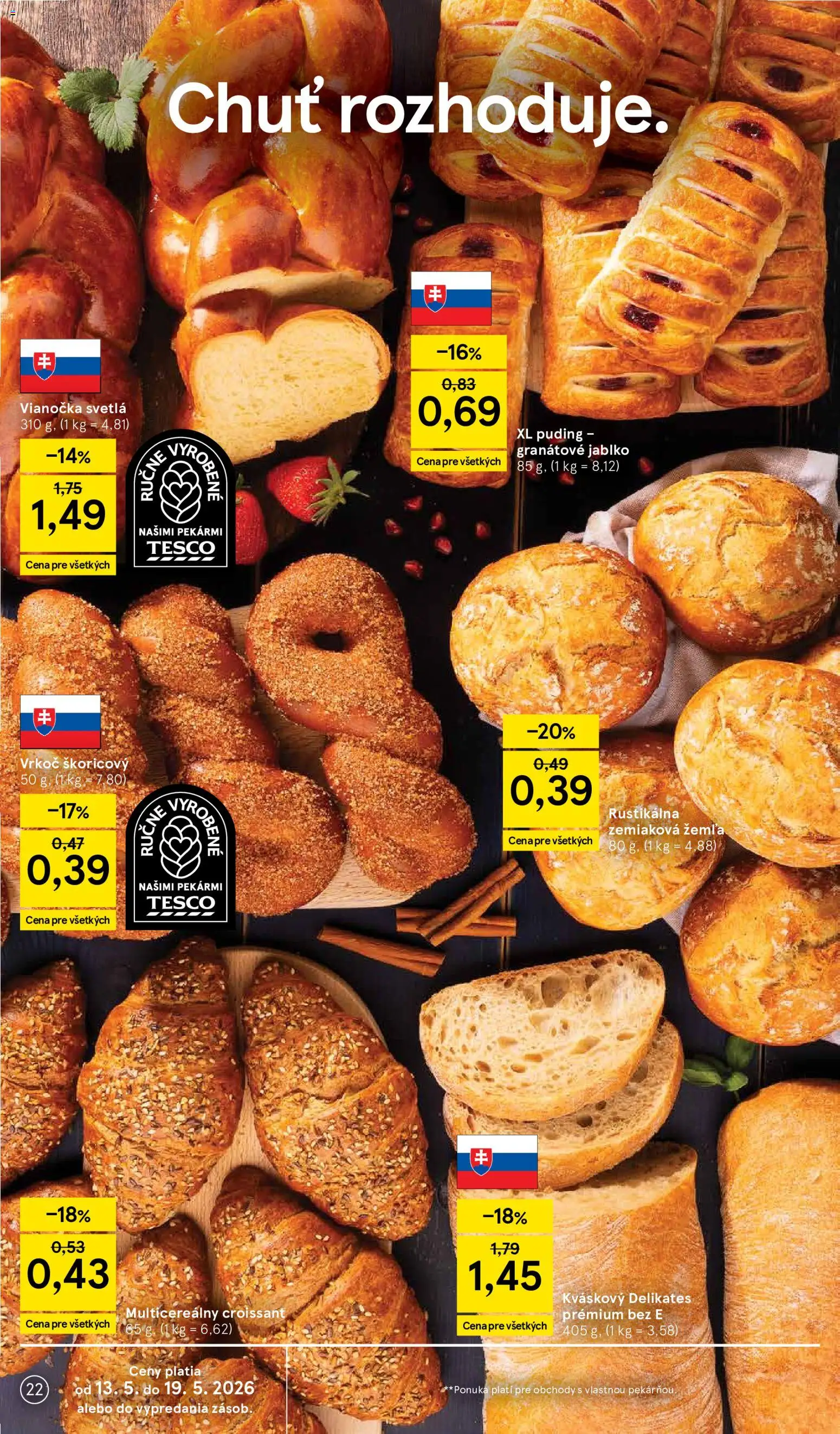 Nové Tesco akcie – leták je platný od 13.05.2026 | Strana: 22 | Produkty: Croissant, Vianočka, Puding, Svetlá