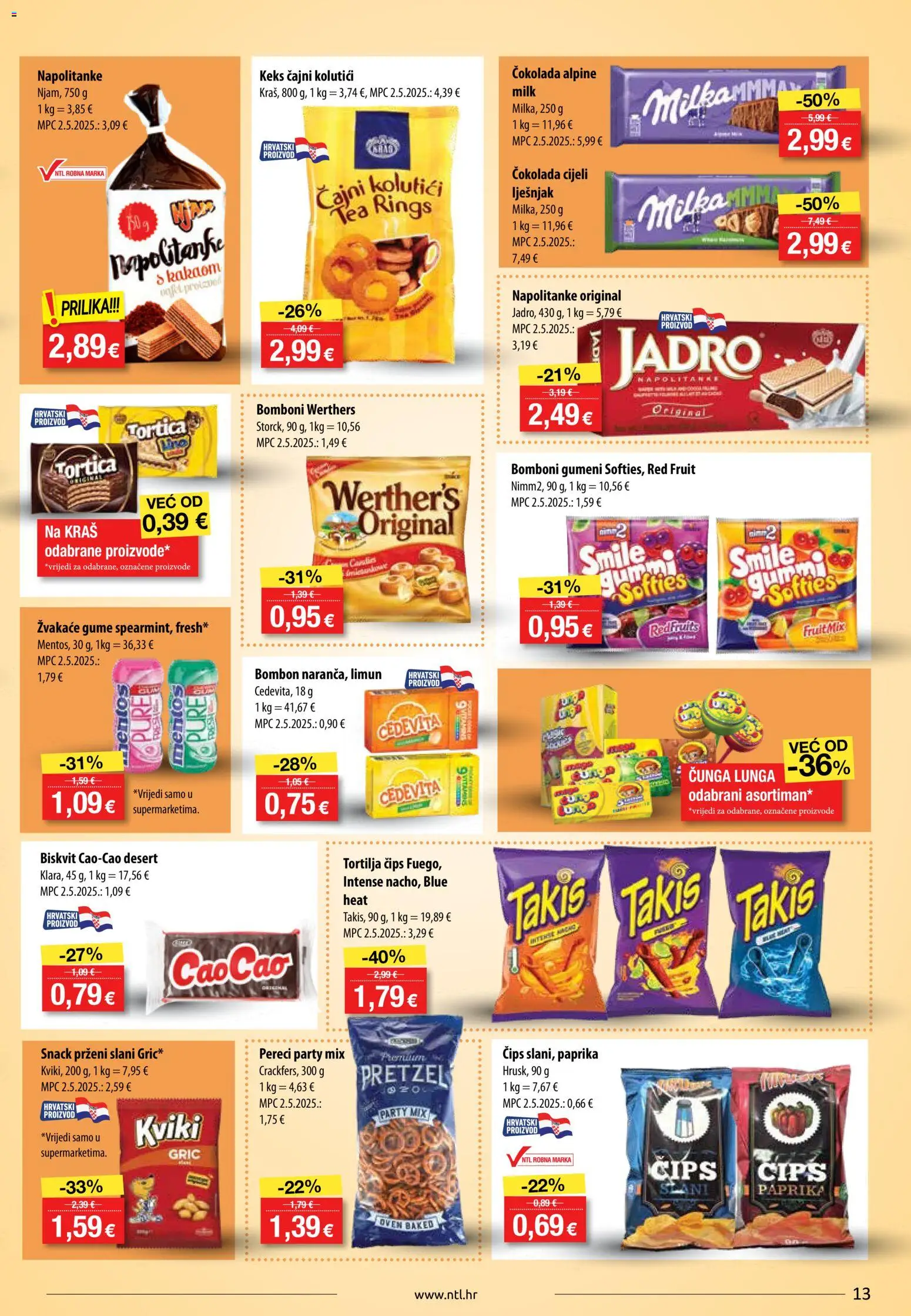 NTL katalog | vrijedi od 20.05.2026 | Stranica: 13 | Proizvodi: Žvakaće gume, Bomboni, Čips, Limun