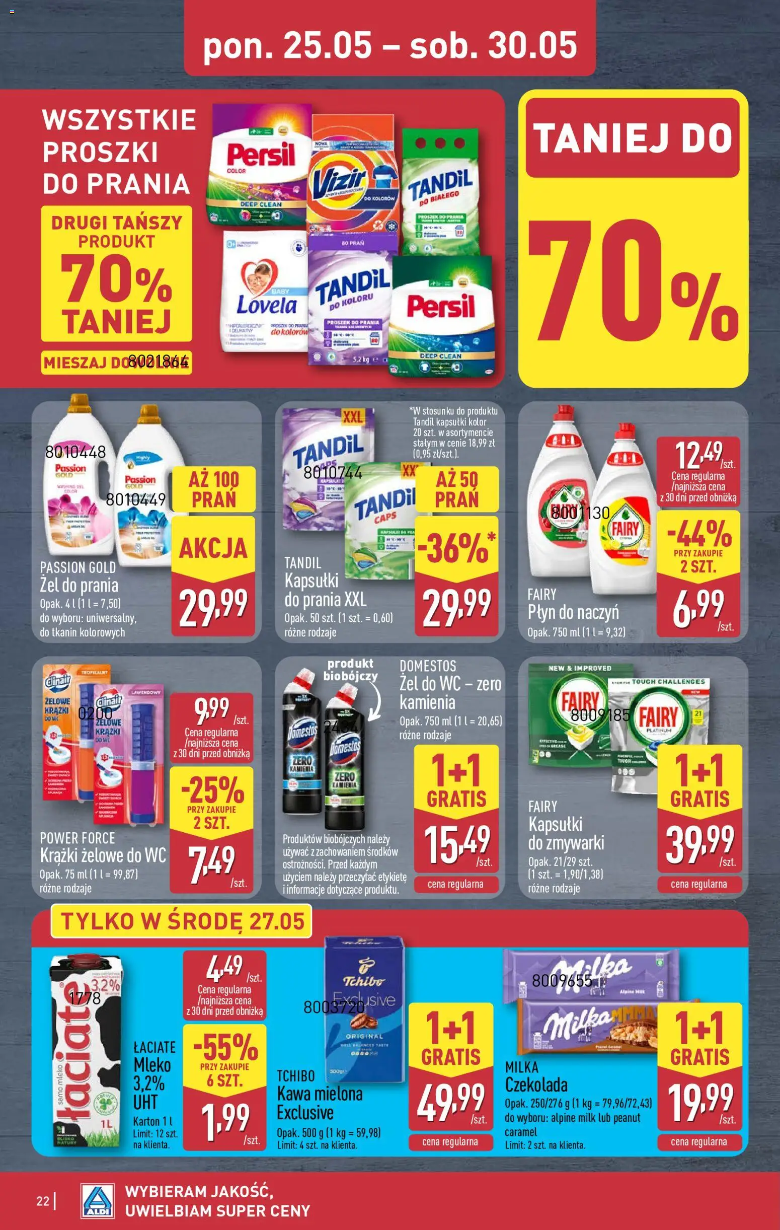 Aldi gazetka od 25.05.2026 | Strona: 22 | Produkty: Milka, Domestos, Kawa, Fairy