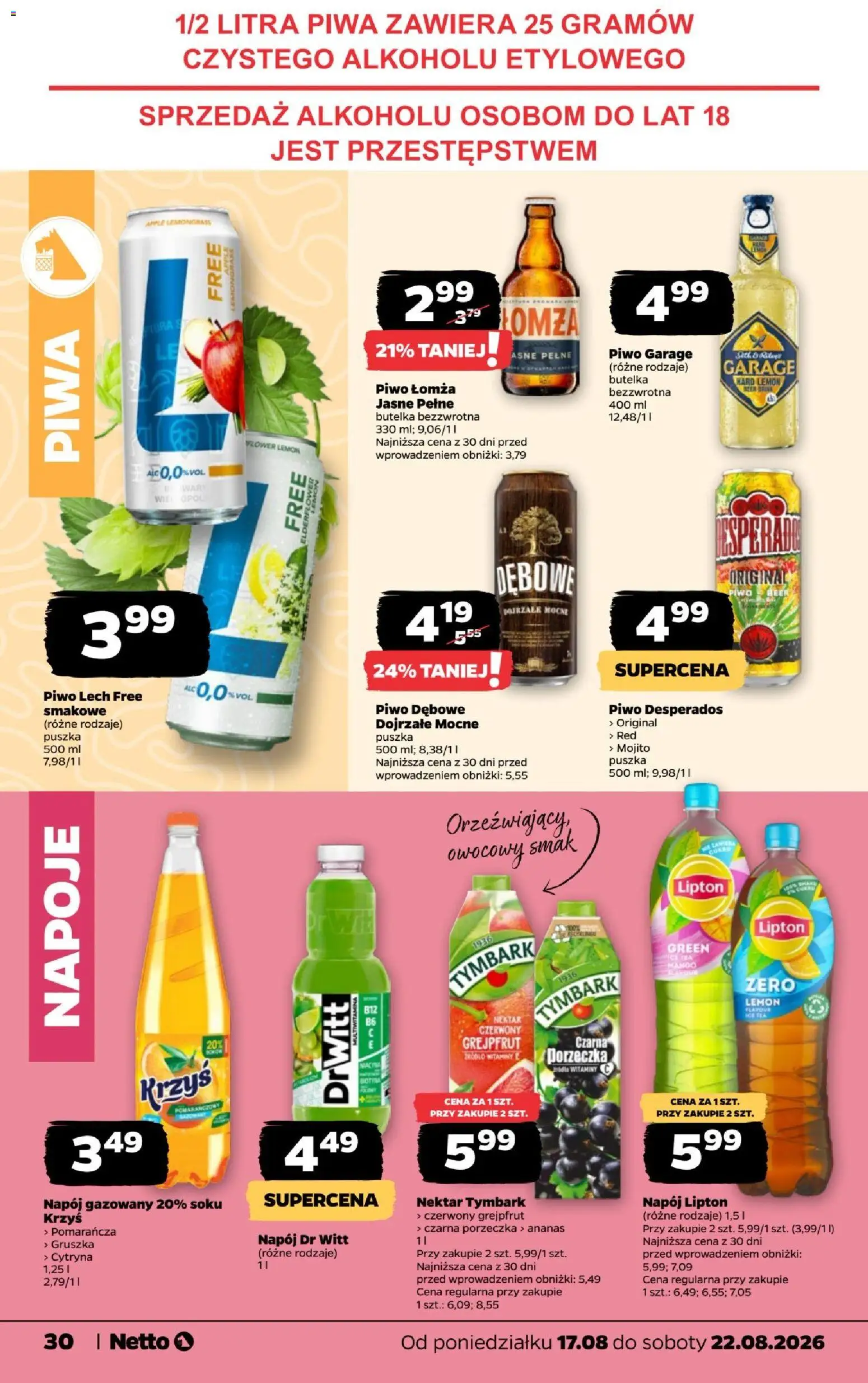 Netto gazetka od poniedziałku od 17.08.2026 | Strona: 30 | Produkty: Cytryna, Lech, Tymbark, Piwo Desperados
