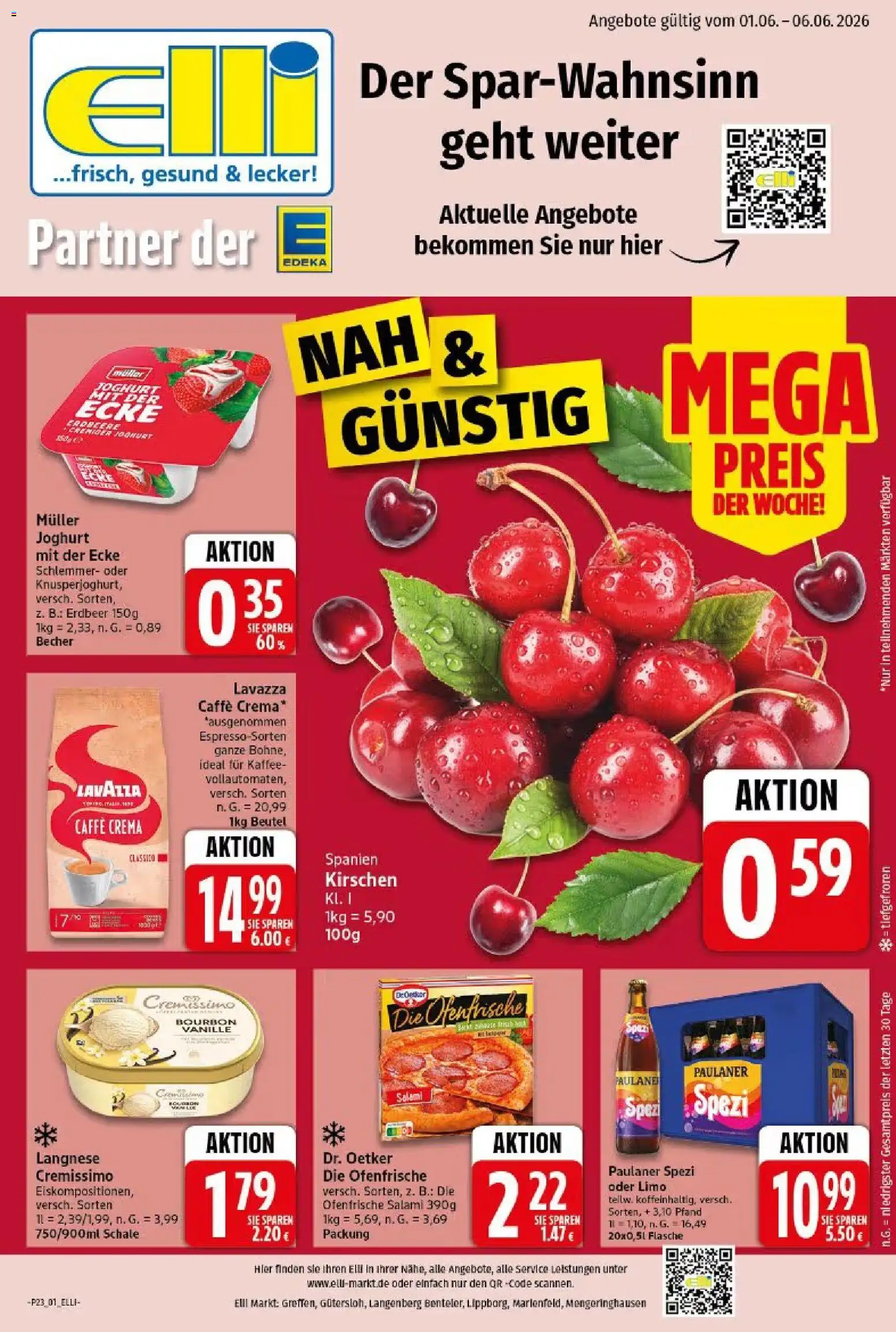 Elli Markt Prospekt Gütersloh – gültig ab 01.06.2026 | Seite: 1 | Produkte: Langnese, Ofenfrische, Kirschen, Bourbon