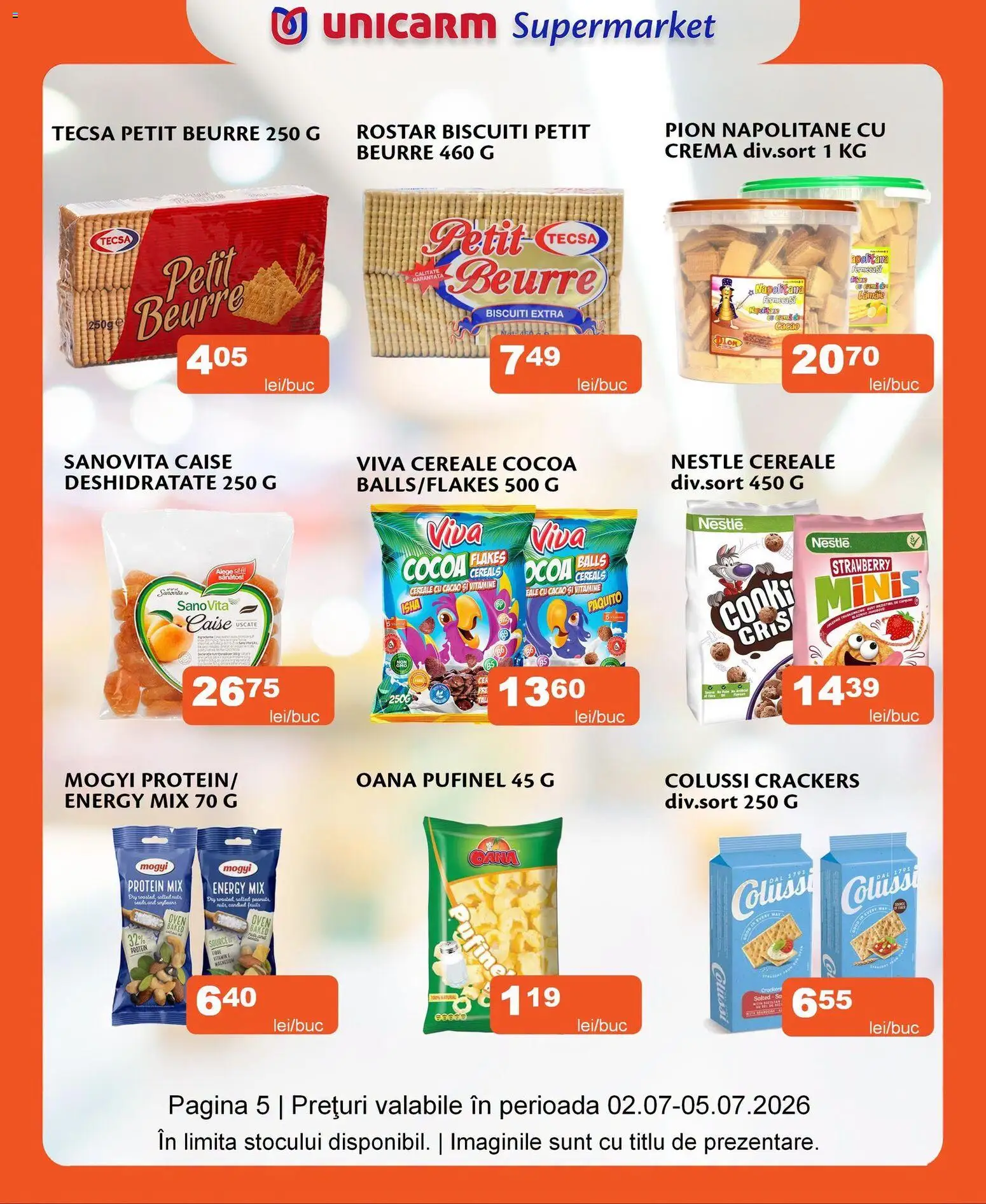 Noul catalog Unicarm – valabil de la 02.07.2026 | Pagină: 5 | Produse: Napolitane, Cacao, Biscuiți, Ahtapot