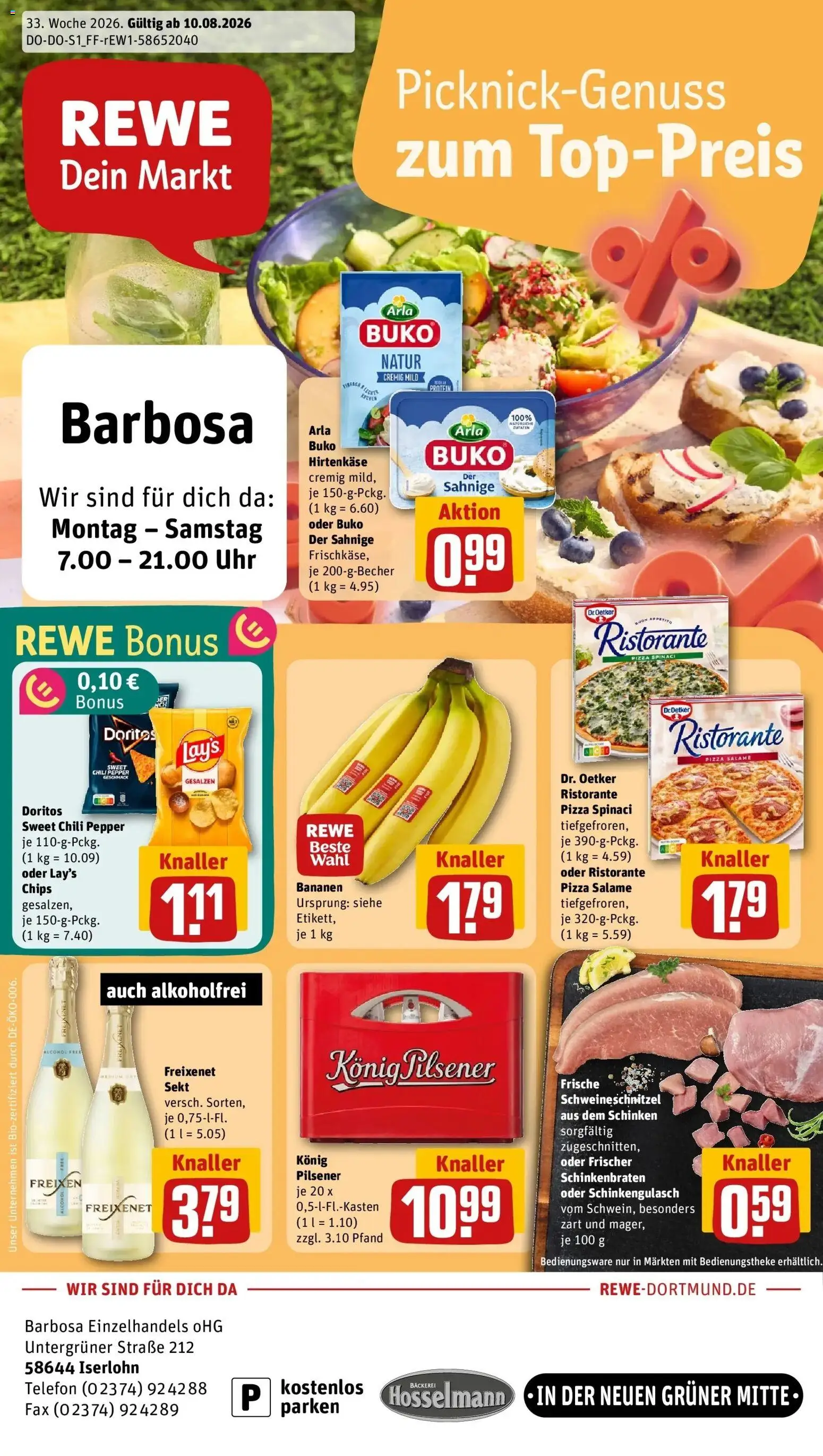 REWE Prospekt ab 10.08.2026 zum Blättern » Angebote | Seite: 1 | Produkte: Bäckerei, Bananen, Schinken, Telefon